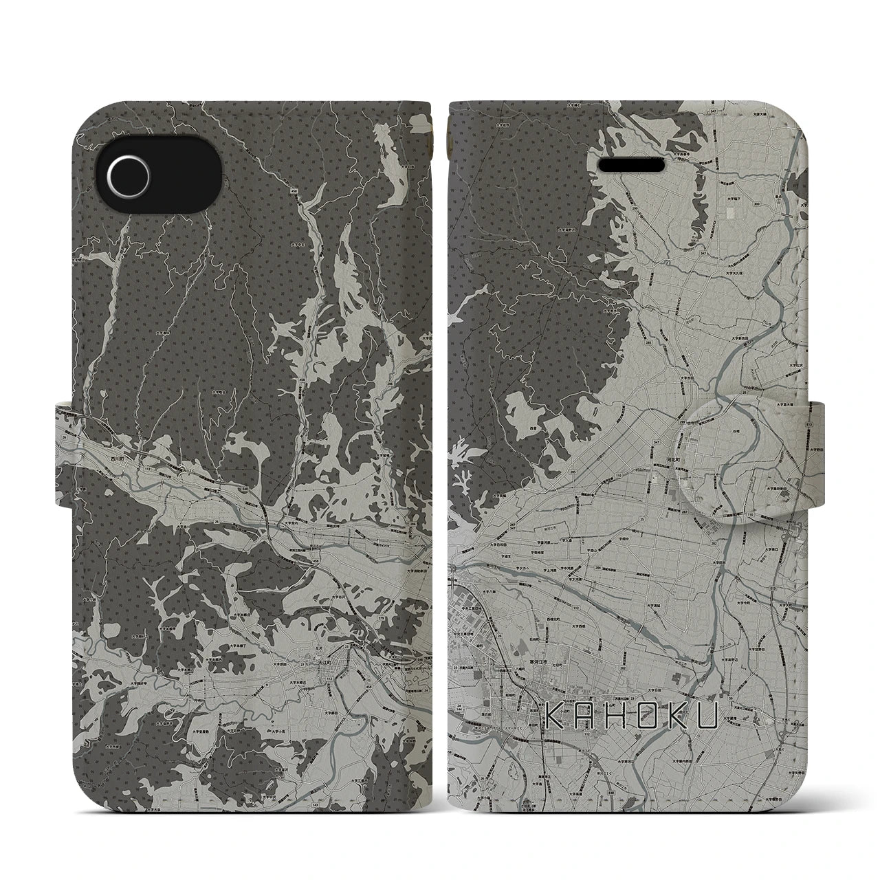 【河北(山形県)】地図柄iPhoneケース(手帳タイプ)モノトーン・iPhone SE(第3 / 第2世代) / 8 / 7 / 6s / 6 用