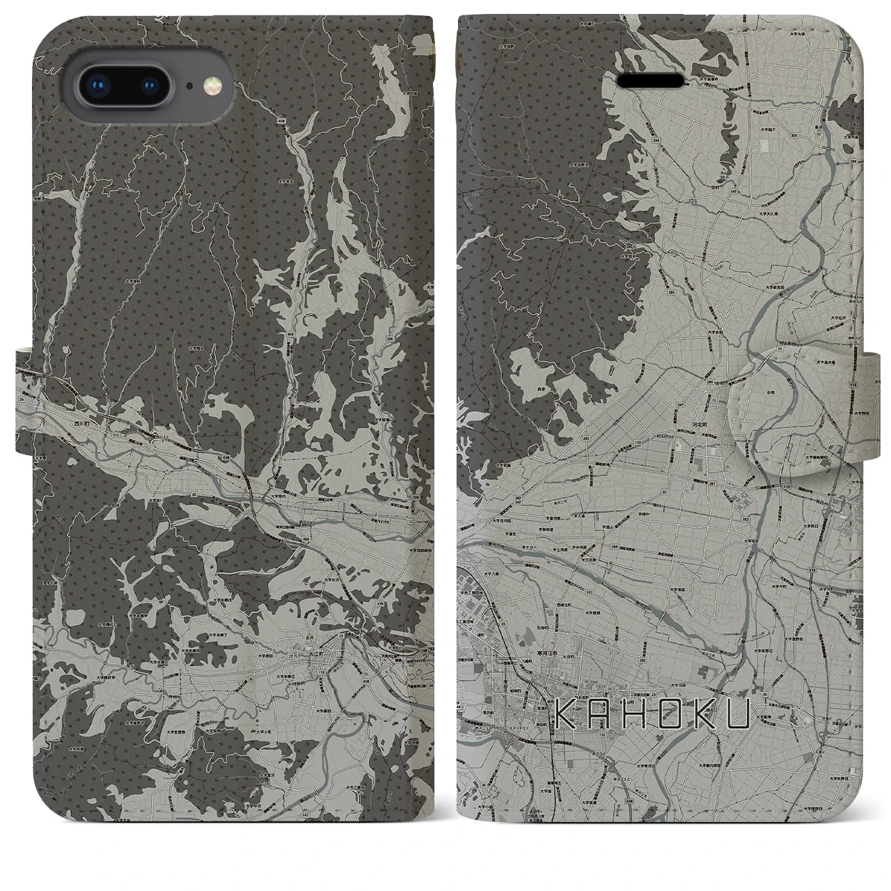 【河北(山形県)】地図柄iPhoneケース(手帳タイプ)モノトーン・iPhone 8Plus /7Plus / 6sPlus / 6Plus 用