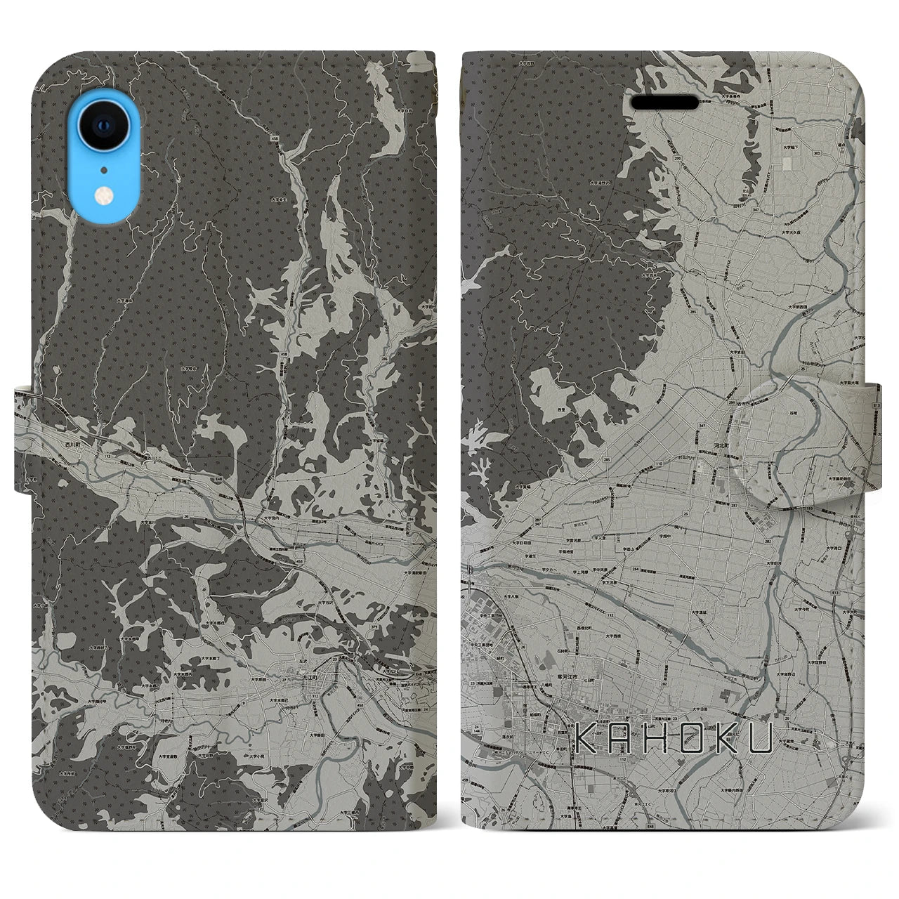 【河北(山形県)】地図柄iPhoneケース(手帳タイプ)モノトーン・iPhone XR 用