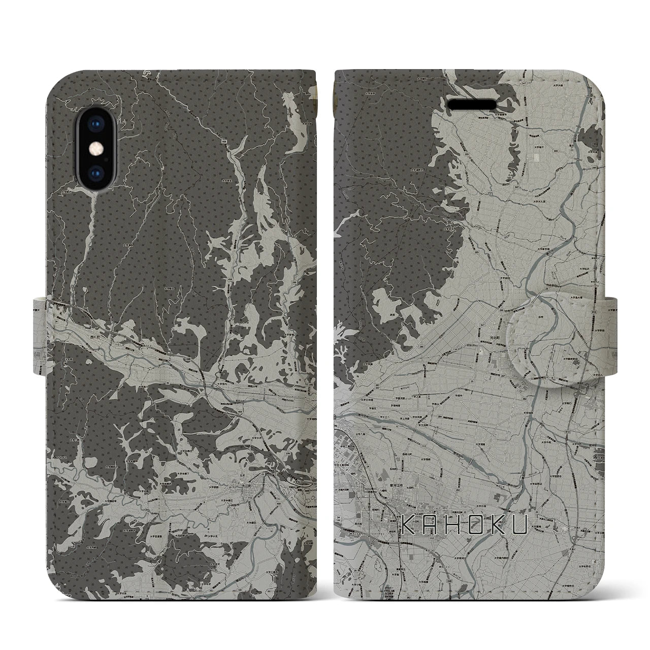 【河北(山形県)】地図柄iPhoneケース(手帳タイプ)モノトーン・iPhone XS / X 用