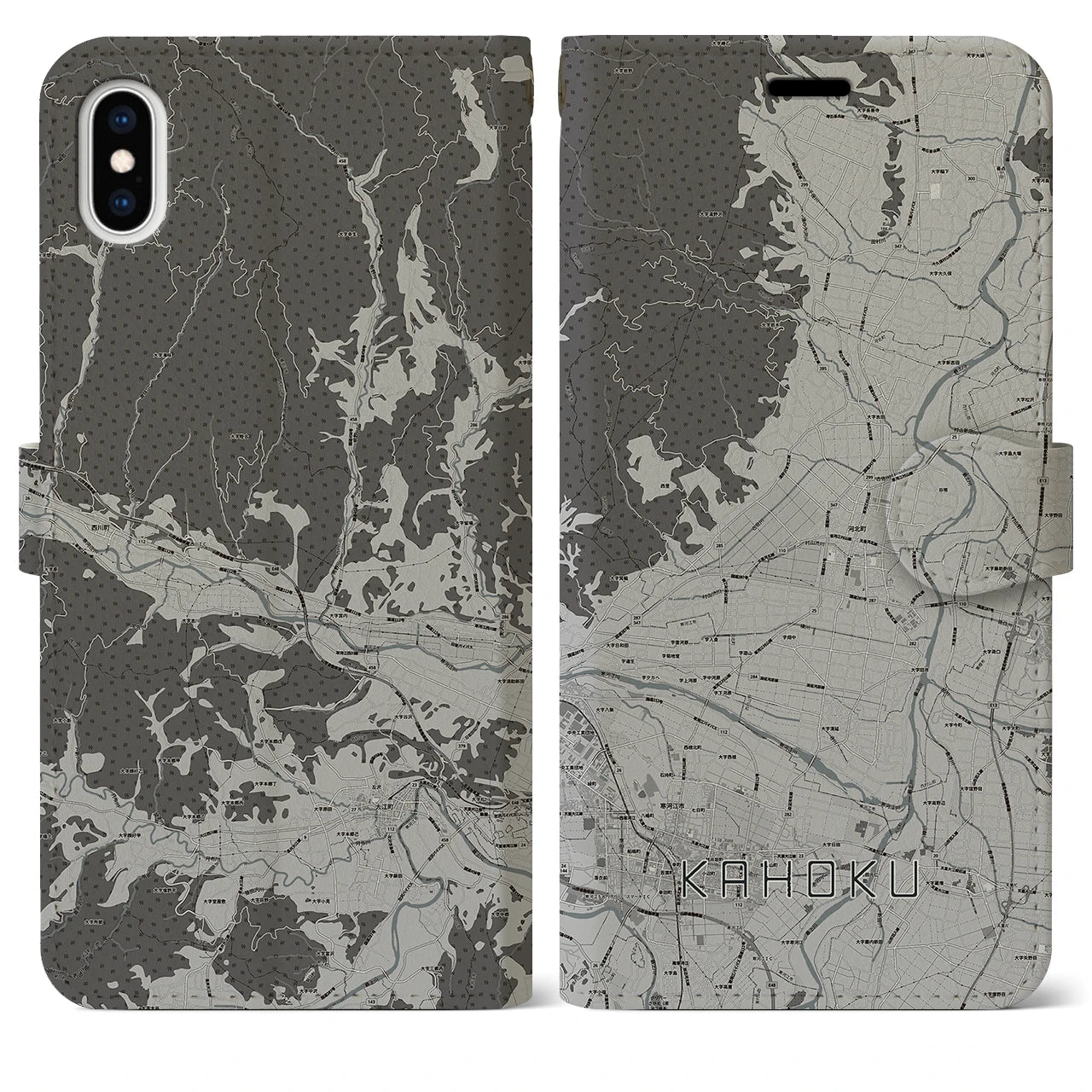 【河北(山形県)】地図柄iPhoneケース(手帳タイプ)モノトーン・iPhone XS Max 用