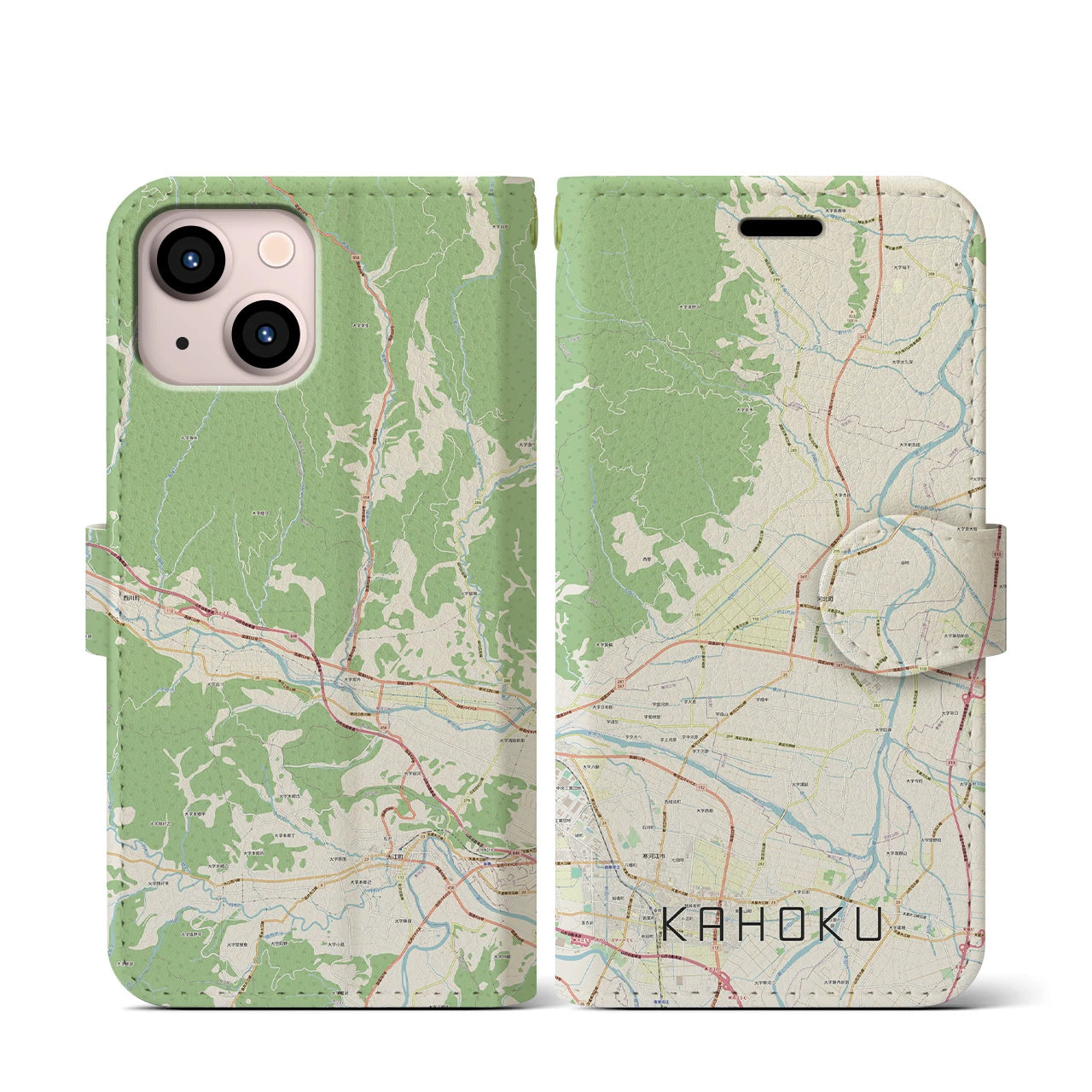 【河北(山形県)】地図柄iPhoneケース(手帳タイプ)ナチュラル・iPhone 13 mini 用