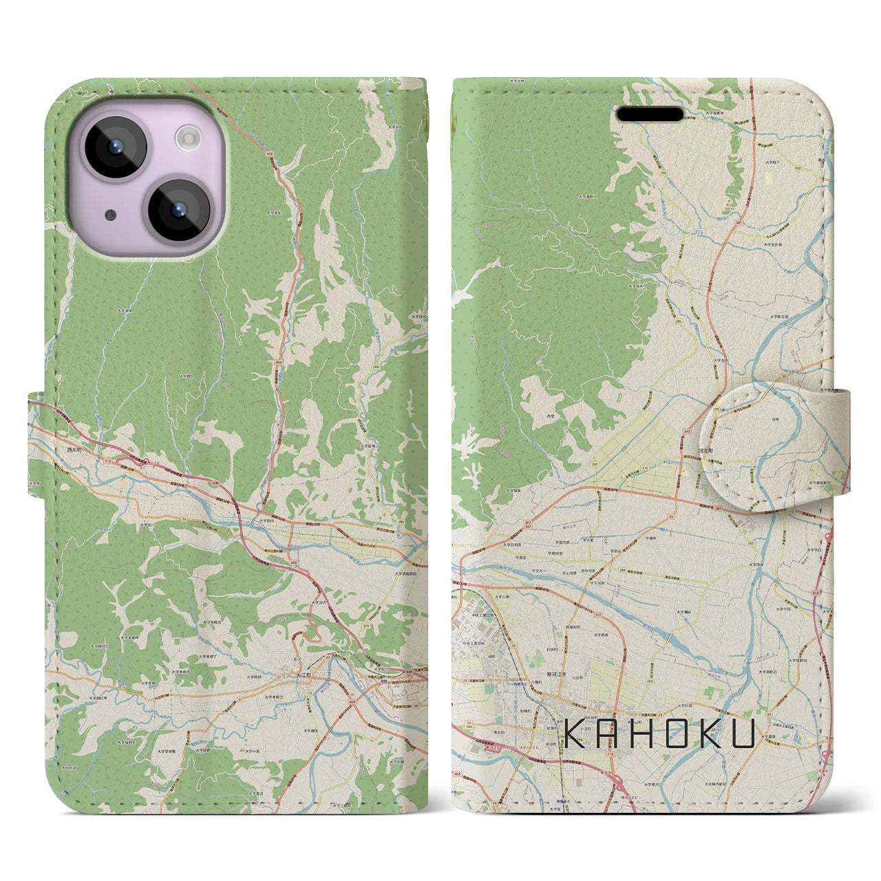 【河北(山形県)】地図柄iPhoneケース(手帳タイプ)ナチュラル・iPhone 14 用