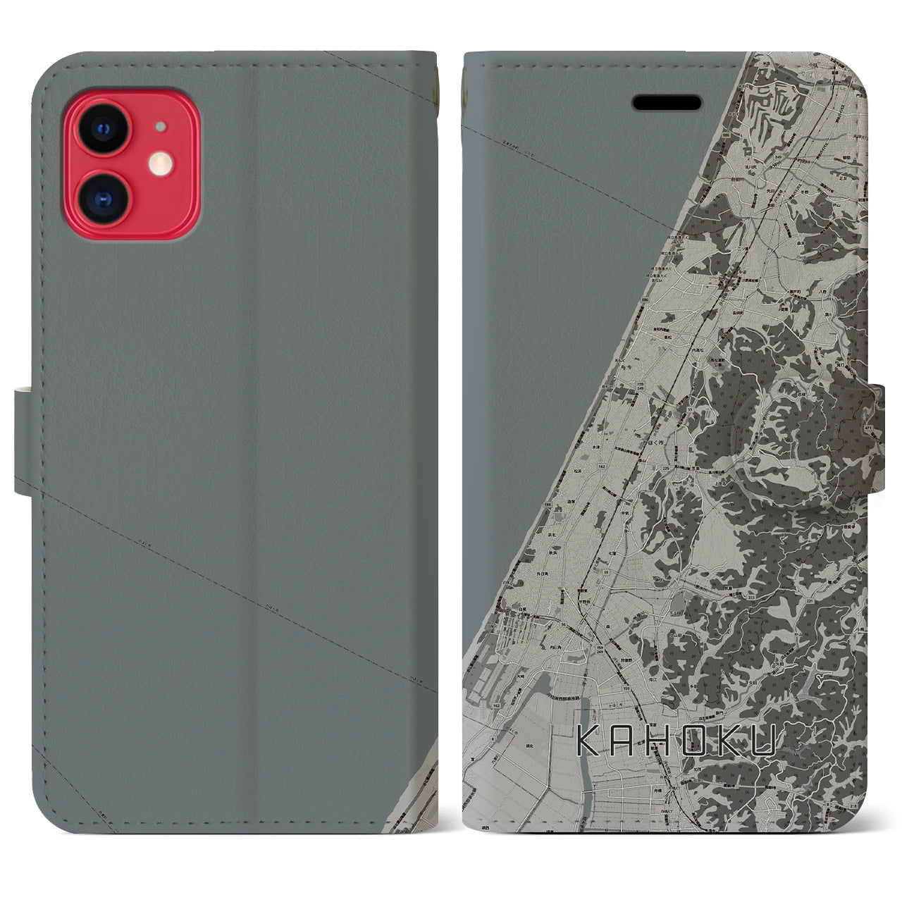 【かほく(石川県)】地図柄iPhoneケース(手帳タイプ)モノトーン・iPhone 11 用