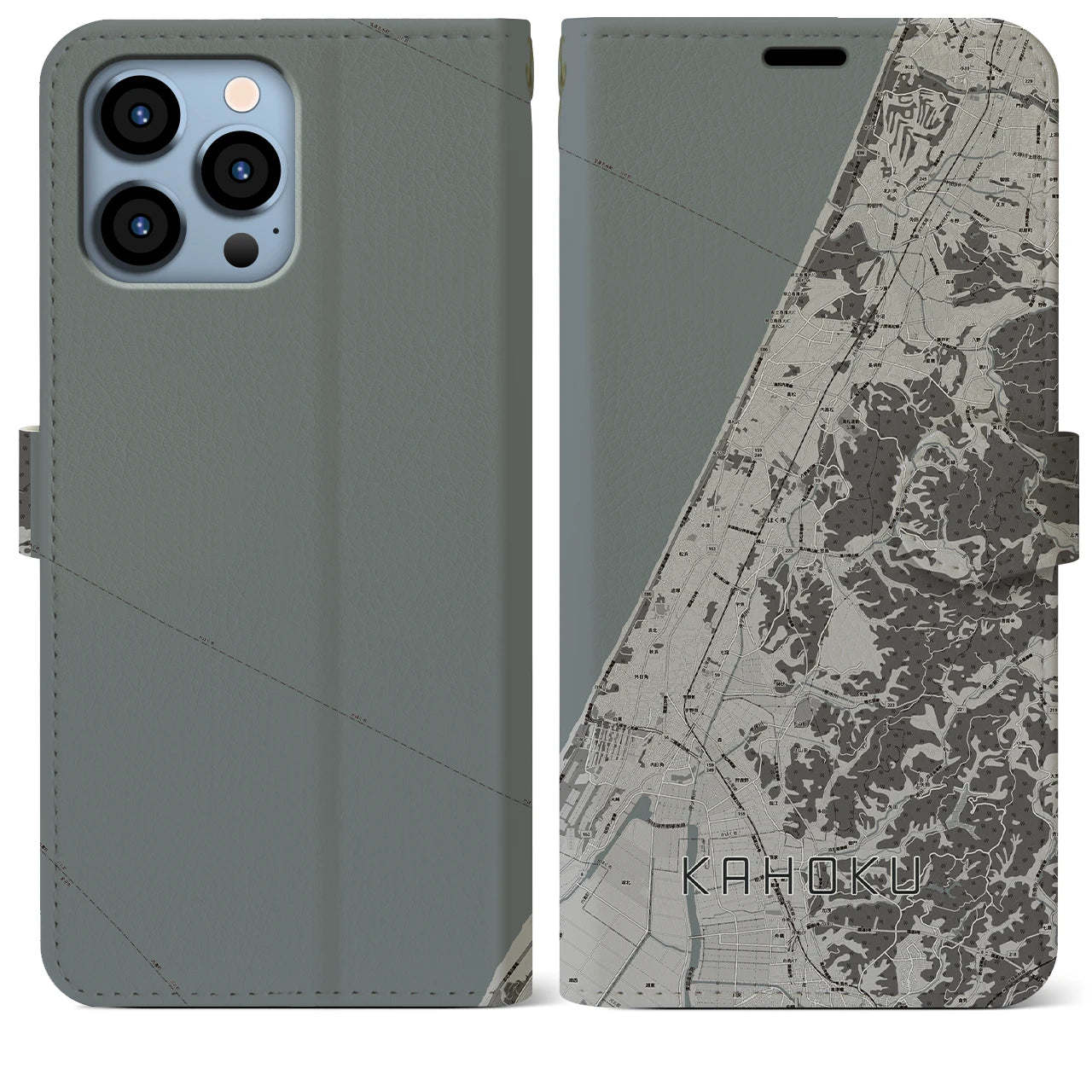 【かほく(石川県)】地図柄iPhoneケース(手帳タイプ)モノトーン・iPhone 13 Pro Max 用
