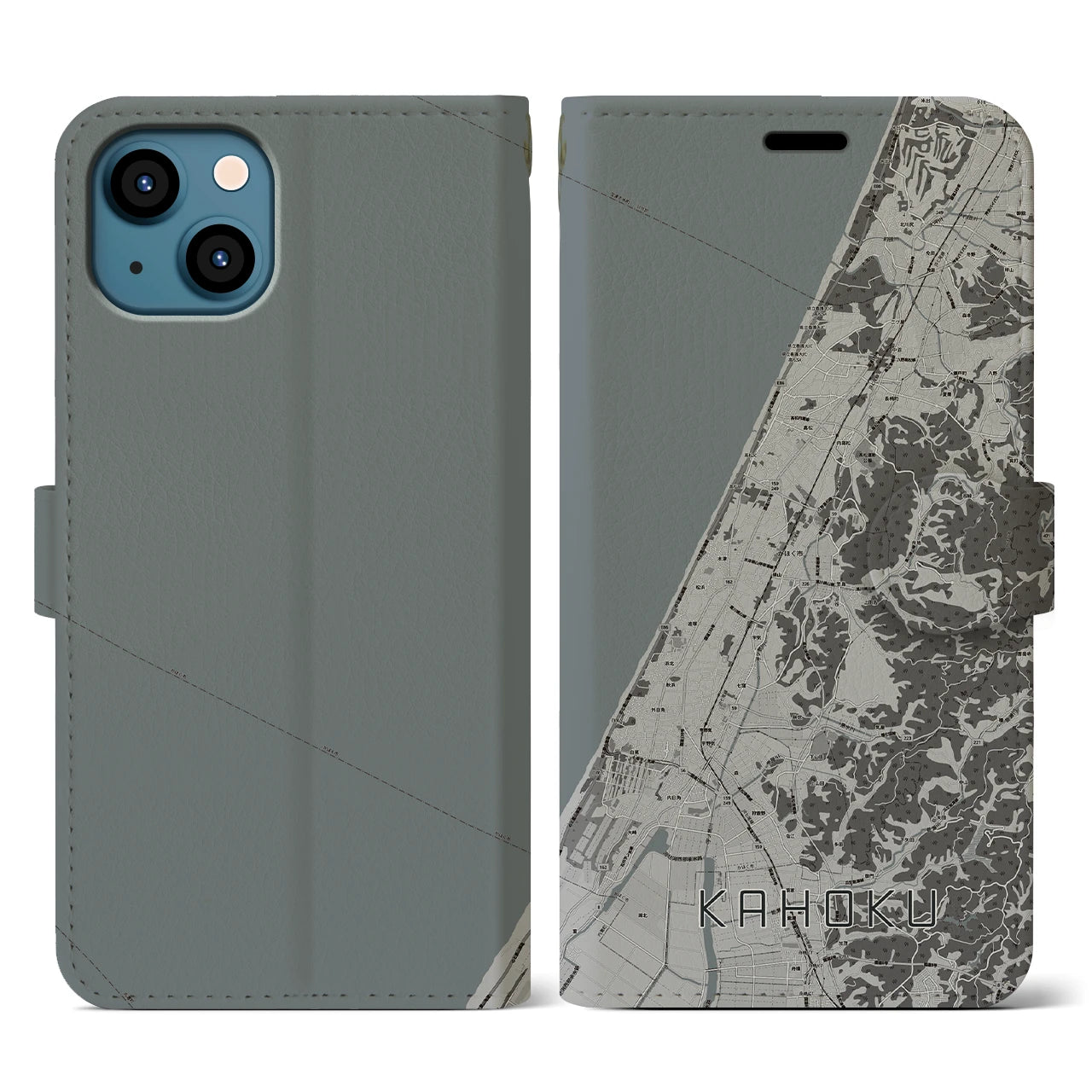 【かほく(石川県)】地図柄iPhoneケース(手帳タイプ)モノトーン・iPhone 13 用