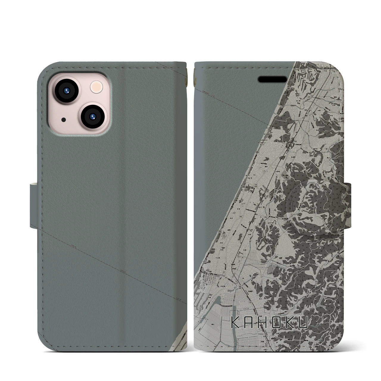 【かほく(石川県)】地図柄iPhoneケース(手帳タイプ)モノトーン・iPhone 13 mini 用