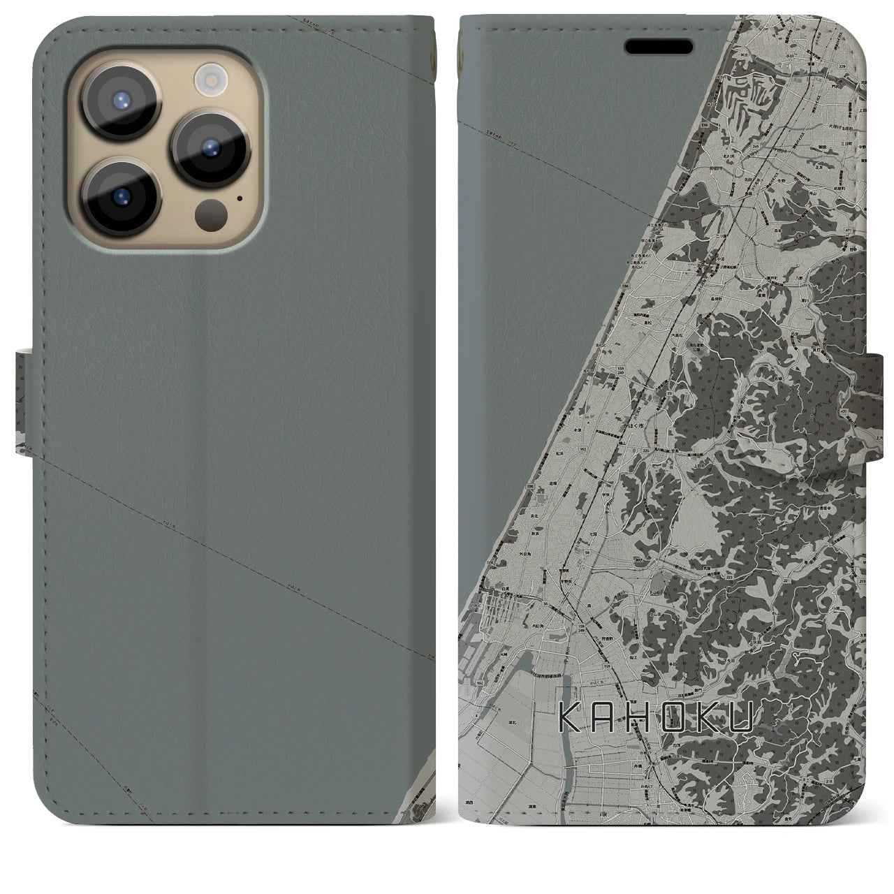 【かほく(石川県)】地図柄iPhoneケース(手帳タイプ)モノトーン・iPhone 14 Pro Max 用