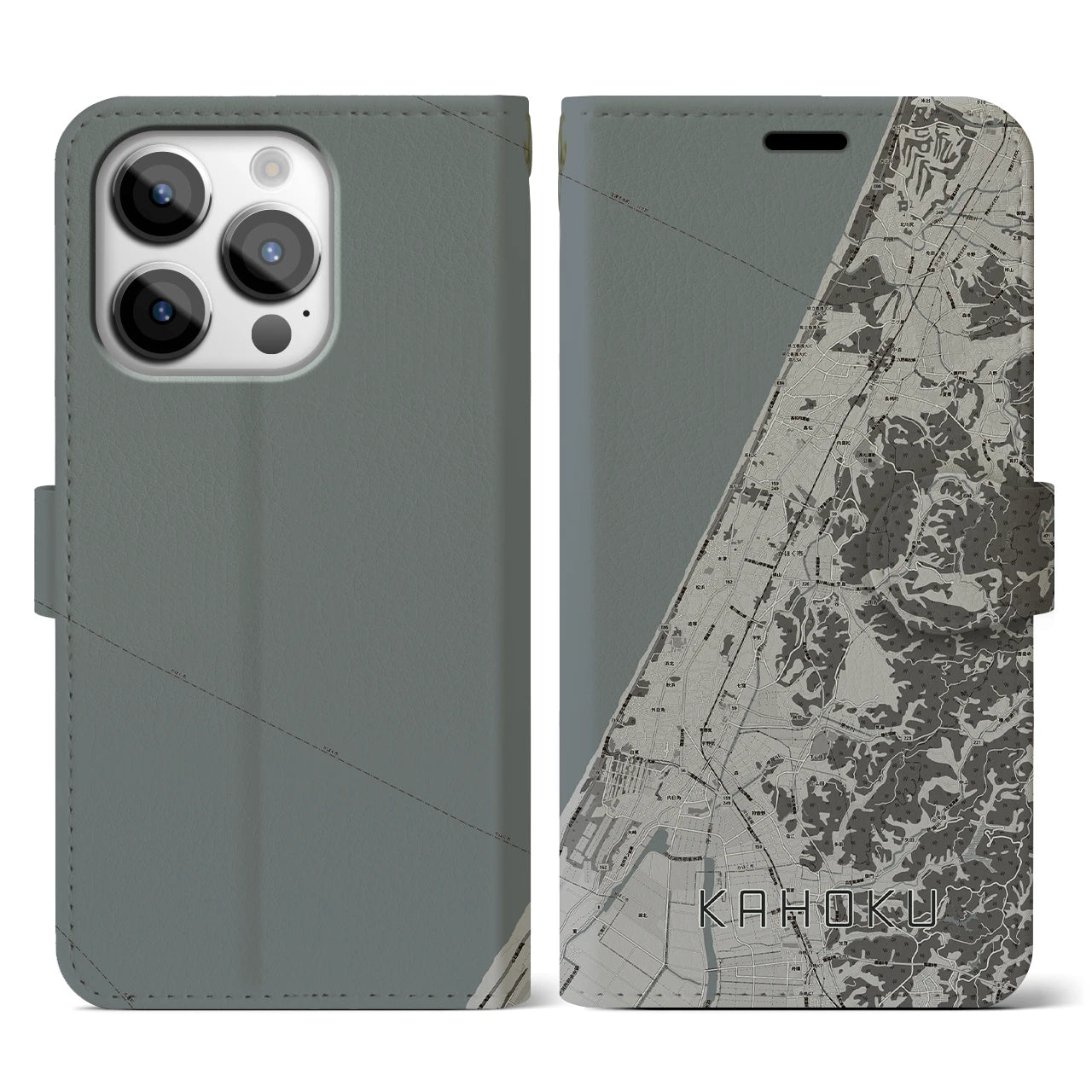 【かほく(石川県)】地図柄iPhoneケース(手帳タイプ)モノトーン・iPhone 14 Pro 用