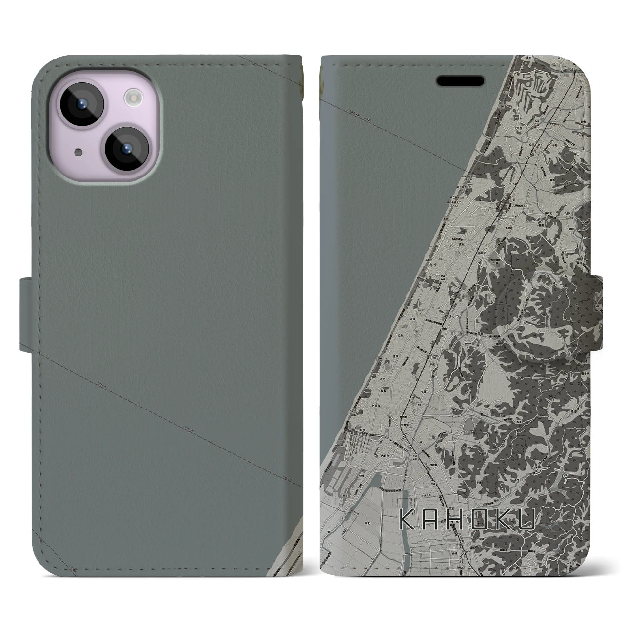 【かほく(石川県)】地図柄iPhoneケース(手帳タイプ)モノトーン・iPhone 14 用
