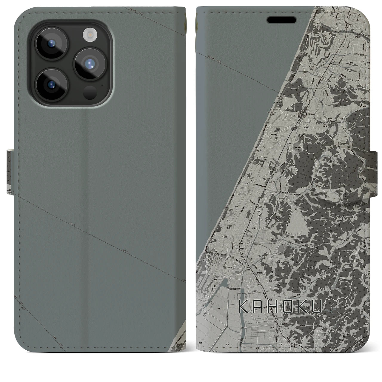 【かほく(石川県)】地図柄iPhoneケース(手帳タイプ)モノトーン・iPhone 15 Pro Max 用