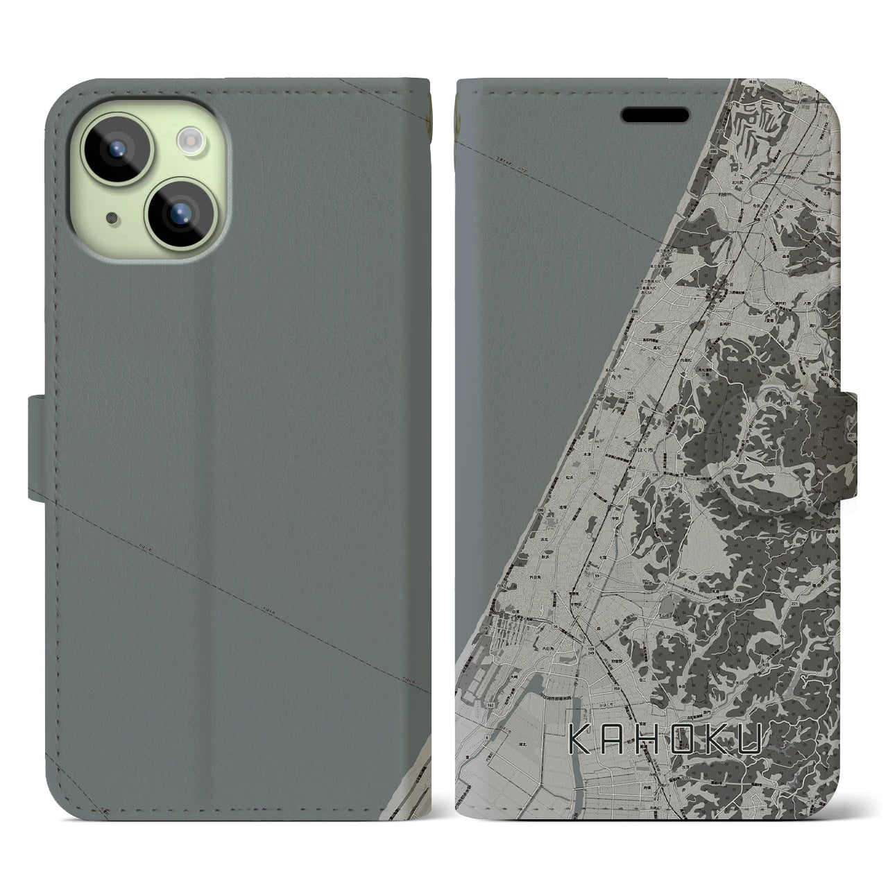 【かほく(石川県)】地図柄iPhoneケース(手帳タイプ)モノトーン・iPhone 15 用