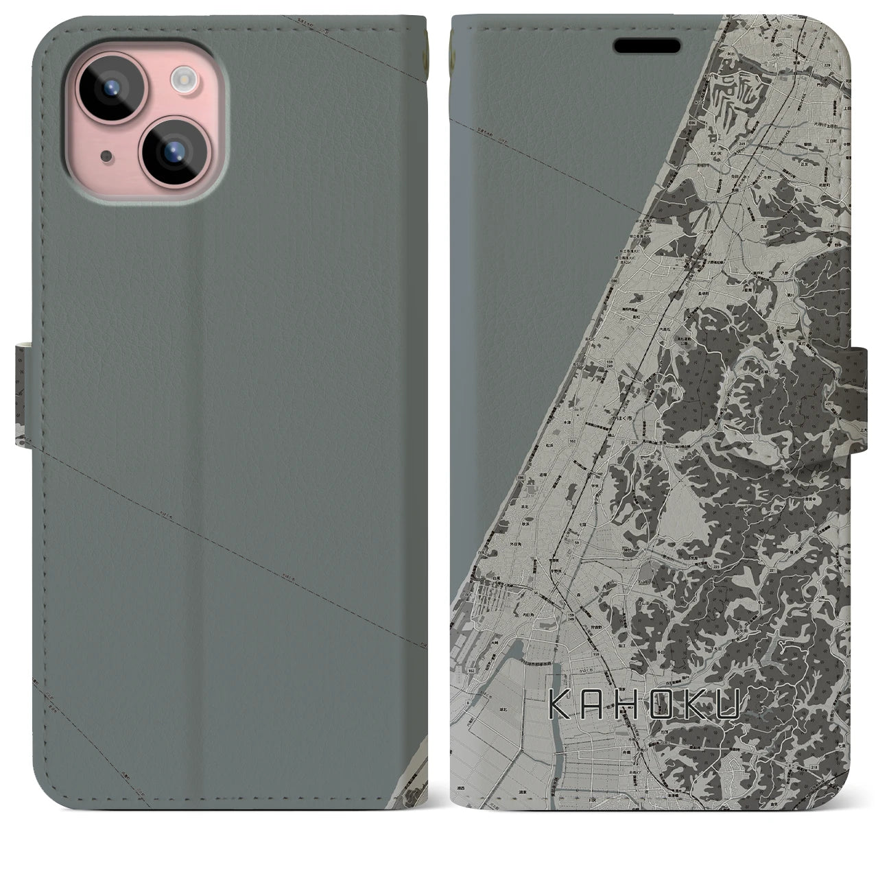 【かほく(石川県)】地図柄iPhoneケース(手帳タイプ)モノトーン・iPhone 15 Plus 用