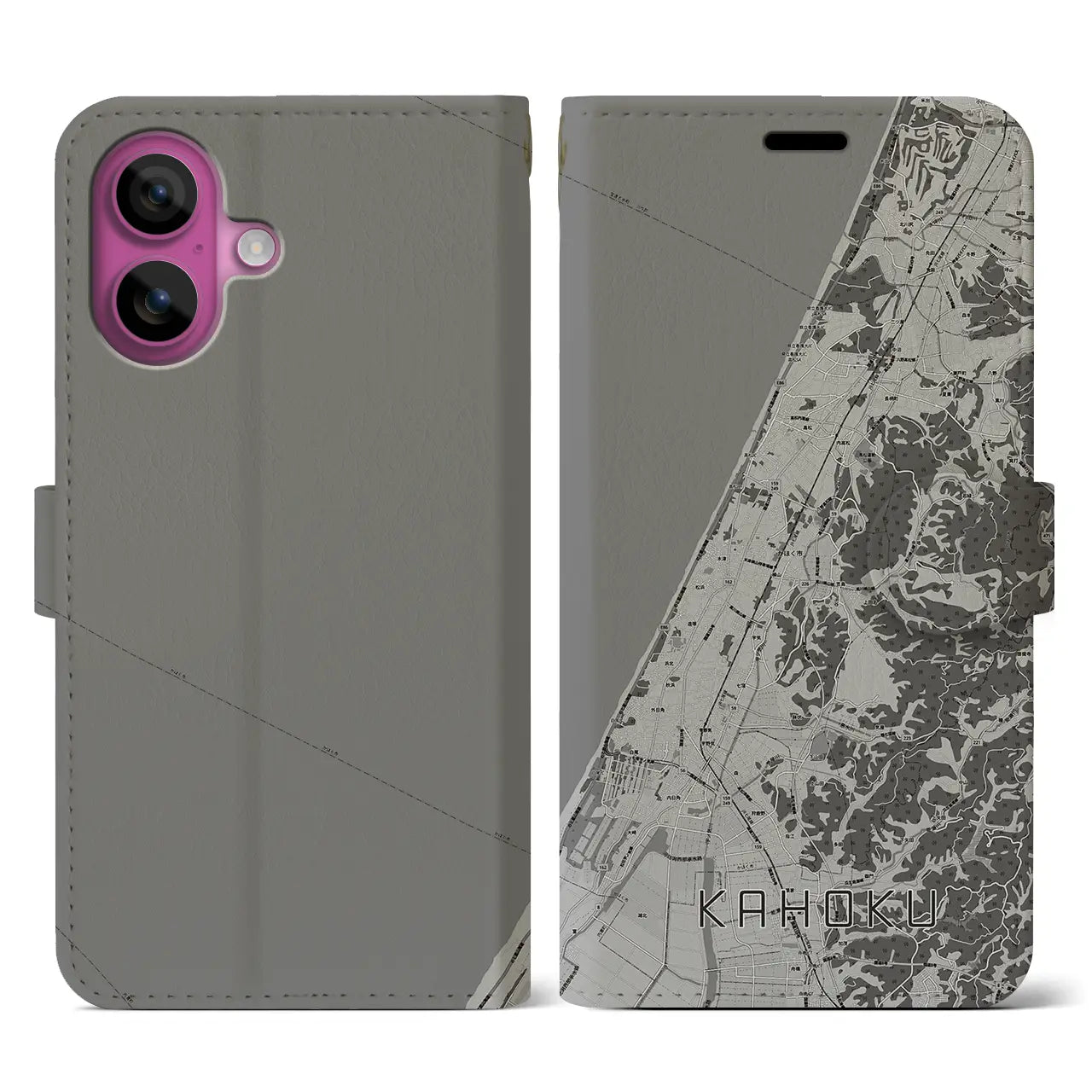【かほく(石川県)】地図柄iPhoneケース(手帳タイプ)モノトーン・iPhone 16 Pro 用