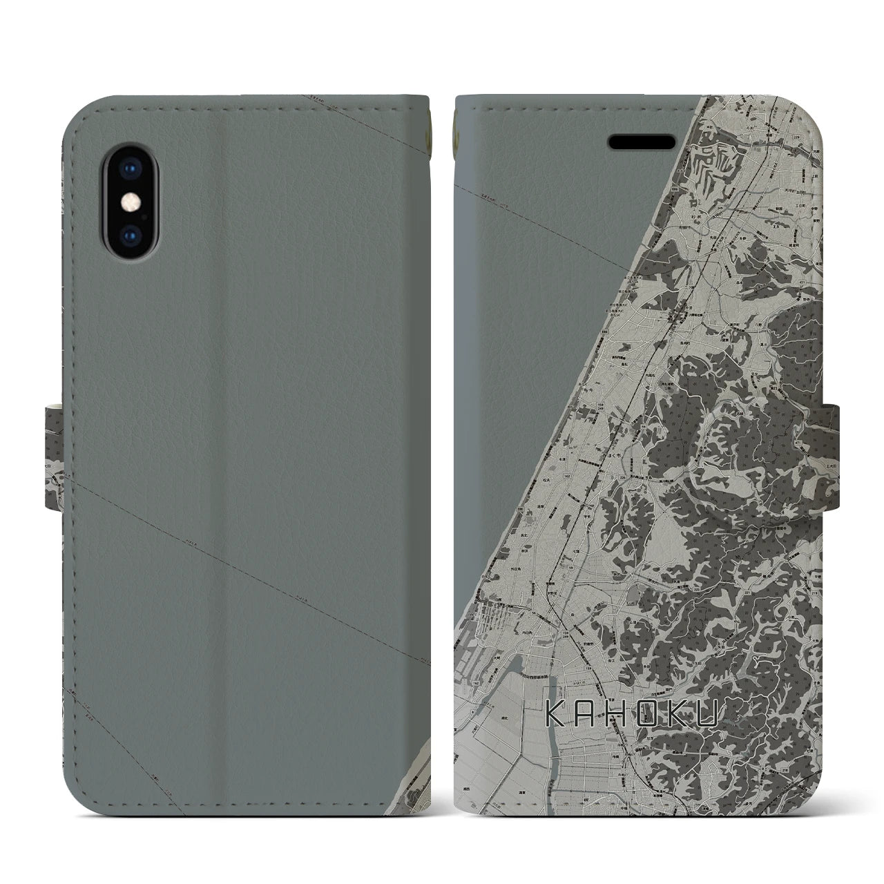 【かほく(石川県)】地図柄iPhoneケース(手帳タイプ)モノトーン・iPhone XS / X 用