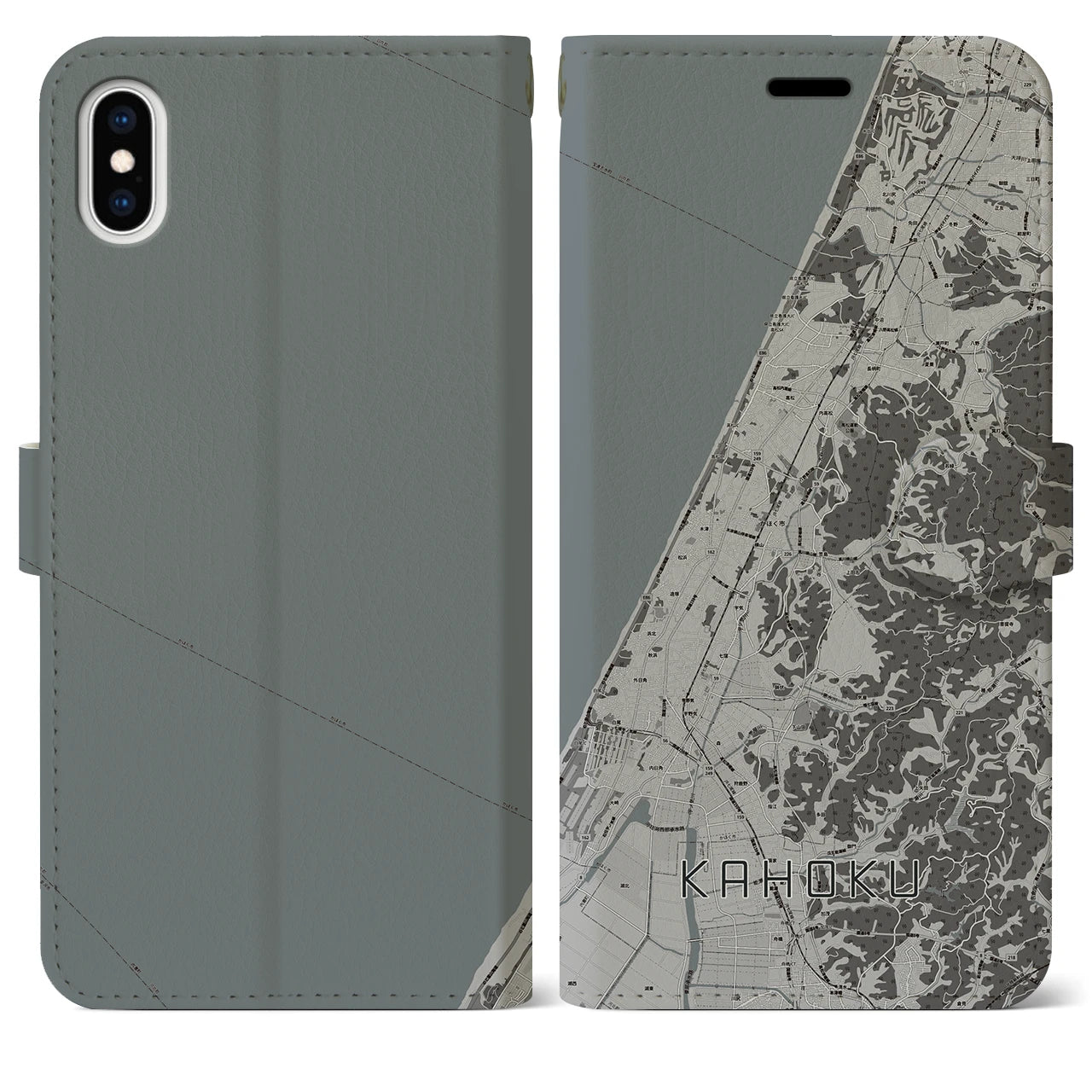 【かほく(石川県)】地図柄iPhoneケース(手帳タイプ)モノトーン・iPhone XS Max 用