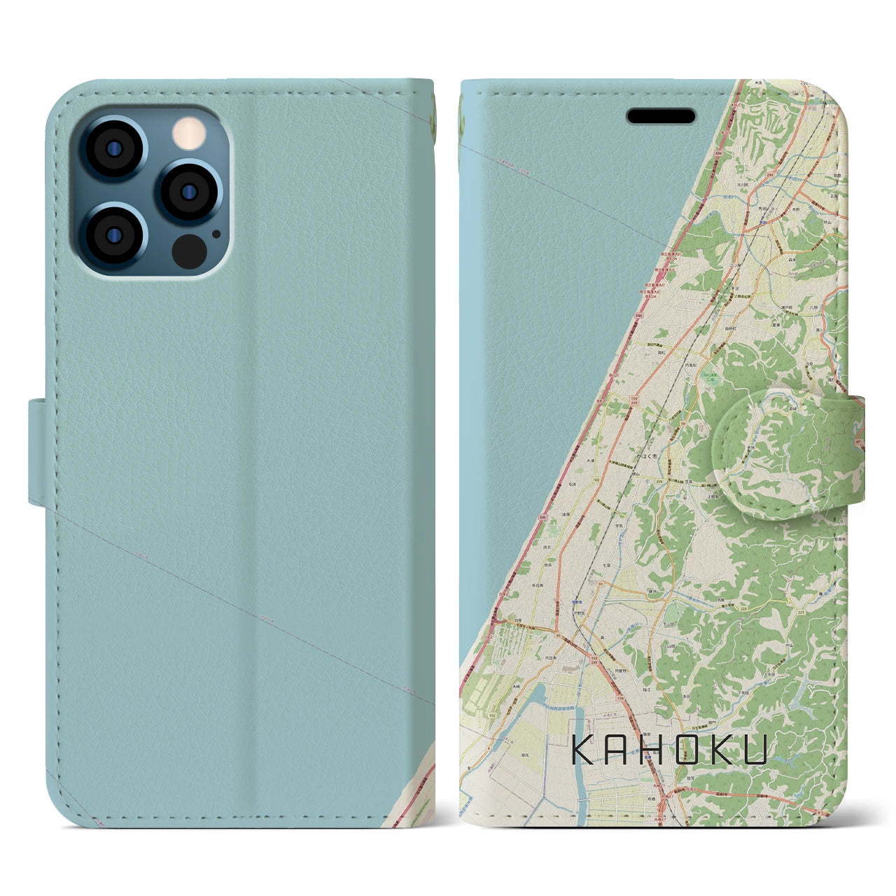 【かほく(石川県)】地図柄iPhoneケース(手帳タイプ)ナチュラル・iPhone 12 / 12 Pro 用