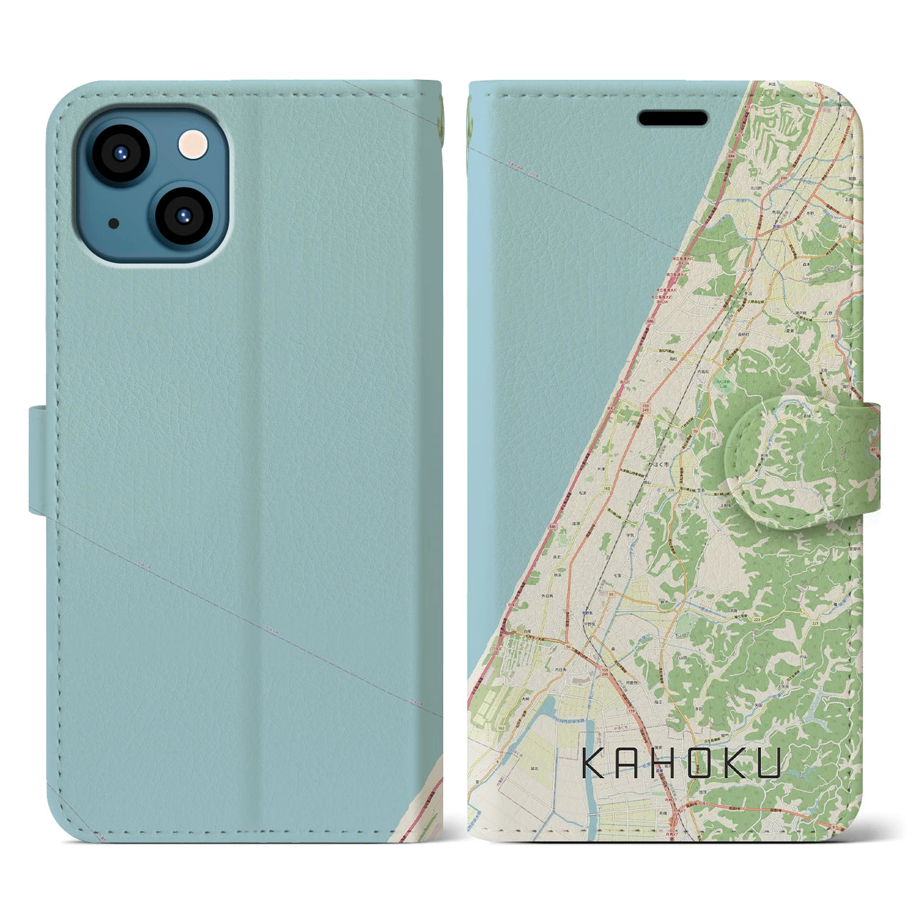 【かほく(石川県)】地図柄iPhoneケース(手帳タイプ)ナチュラル・iPhone 13 用