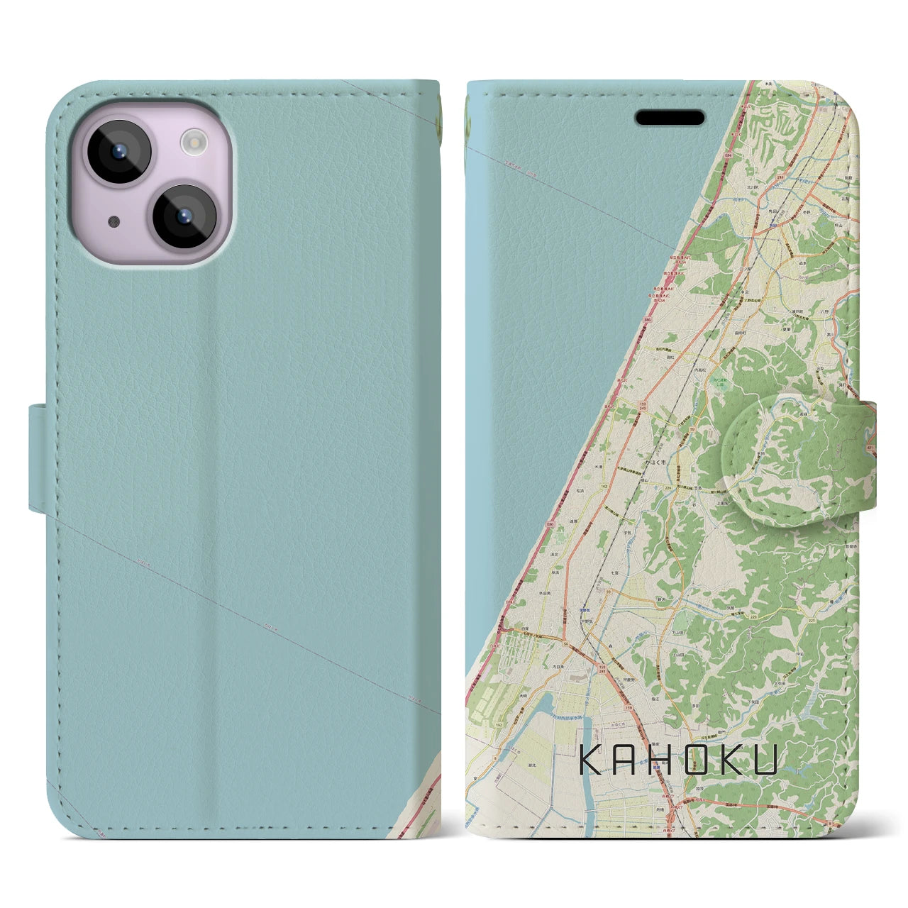 【かほく(石川県)】地図柄iPhoneケース(手帳タイプ)ナチュラル・iPhone 14 用