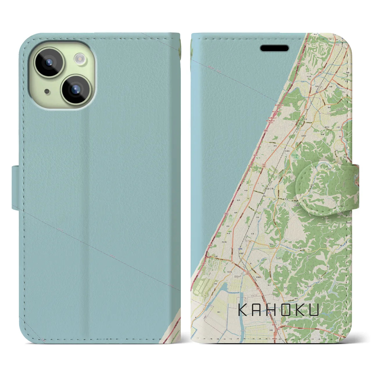 【かほく(石川県)】地図柄iPhoneケース(手帳タイプ)ナチュラル・iPhone 15 用