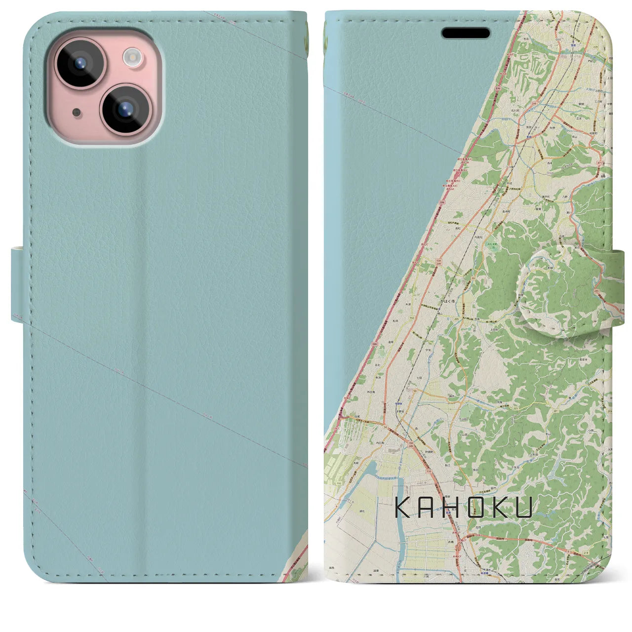 【かほく(石川県)】地図柄iPhoneケース(手帳タイプ)ナチュラル・iPhone 15 Plus 用