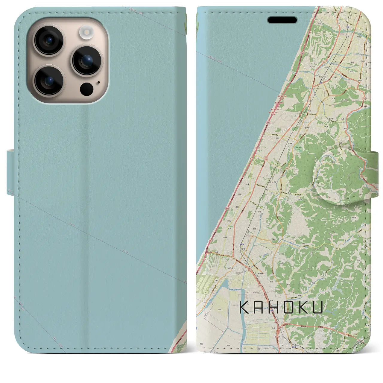 【かほく(石川県)】地図柄iPhoneケース(手帳タイプ)ナチュラル・iPhone 16 Plus 用