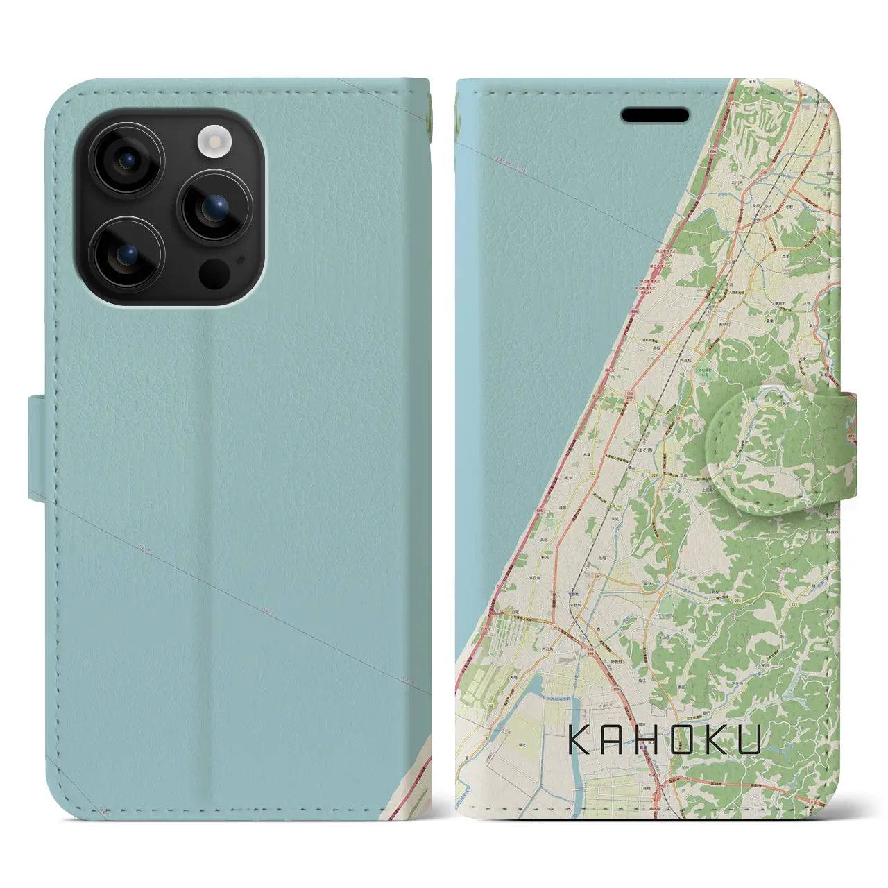 【かほく(石川県)】地図柄iPhoneケース(手帳タイプ)ナチュラル・iPhone 16 用