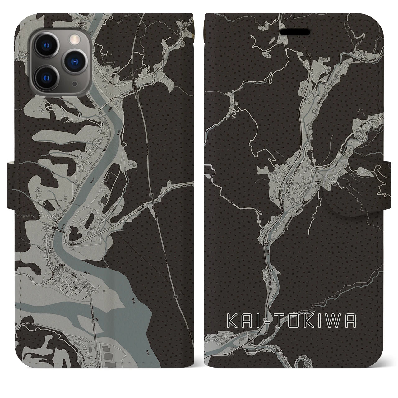 【甲斐常葉(山梨県)】地図柄iPhoneケース(手帳タイプ)モノトーン・iPhone 11 Pro Max 用