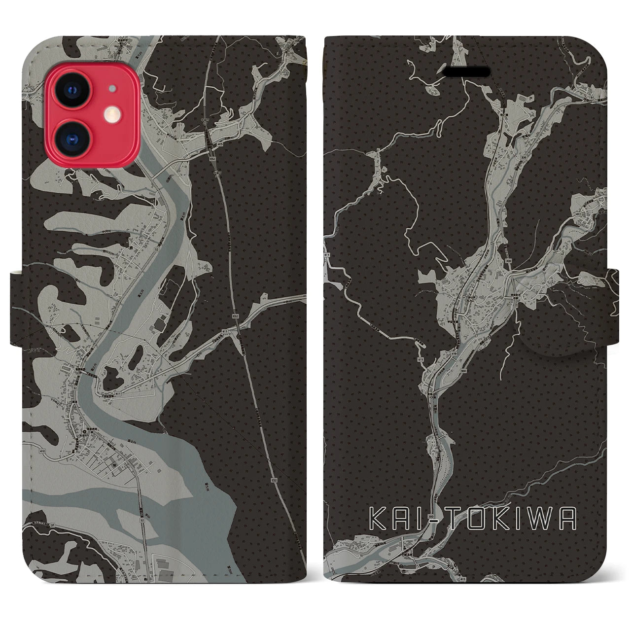 【甲斐常葉(山梨県)】地図柄iPhoneケース(手帳タイプ)モノトーン・iPhone 11 用