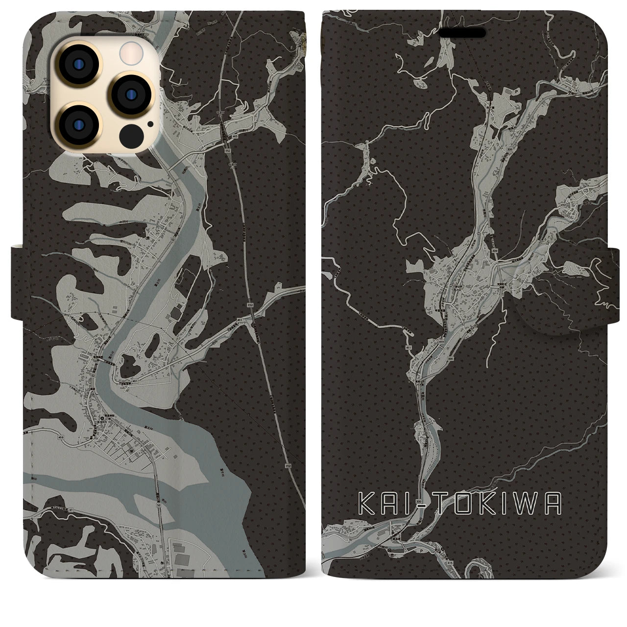 【甲斐常葉(山梨県)】地図柄iPhoneケース(手帳タイプ)モノトーン・iPhone 12 Pro Max 用