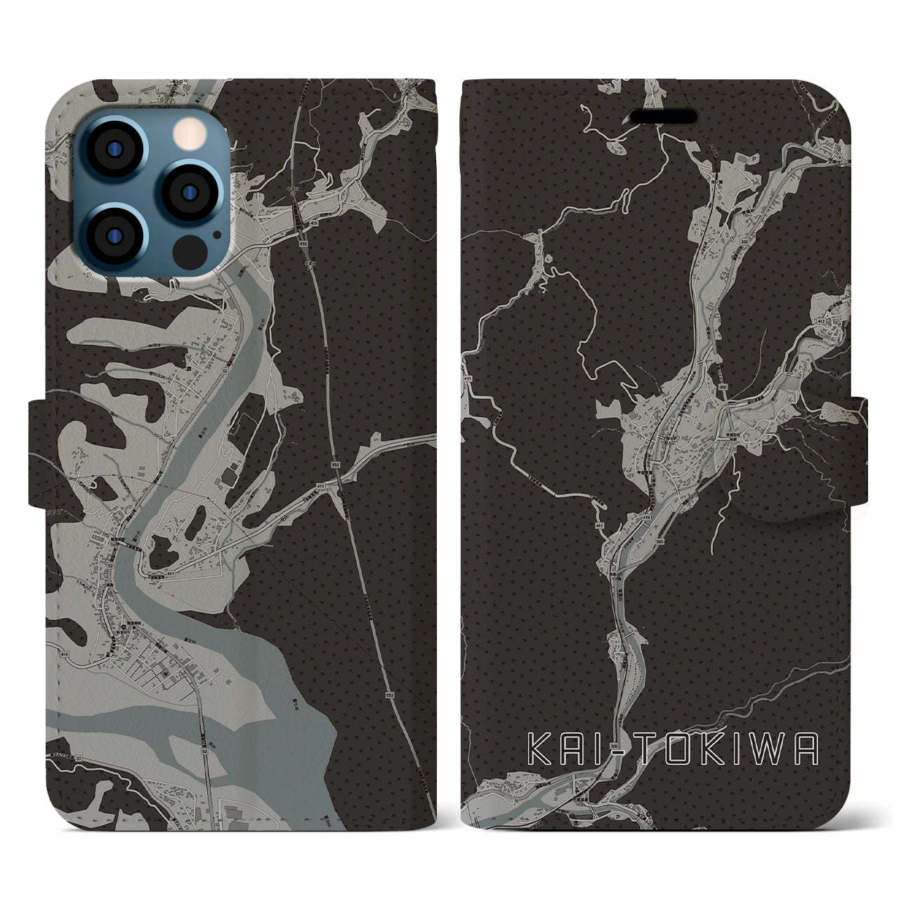 【甲斐常葉(山梨県)】地図柄iPhoneケース(手帳タイプ)モノトーン・iPhone 12 / 12 Pro 用