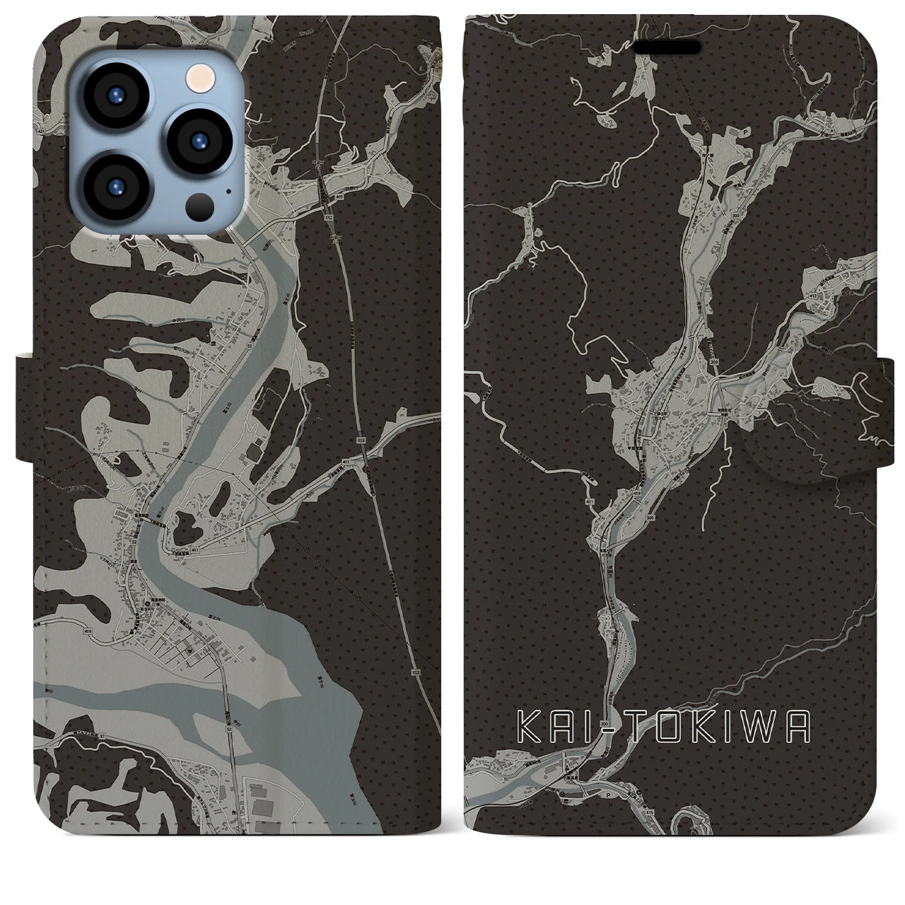 【甲斐常葉(山梨県)】地図柄iPhoneケース(手帳タイプ)モノトーン・iPhone 13 Pro Max 用