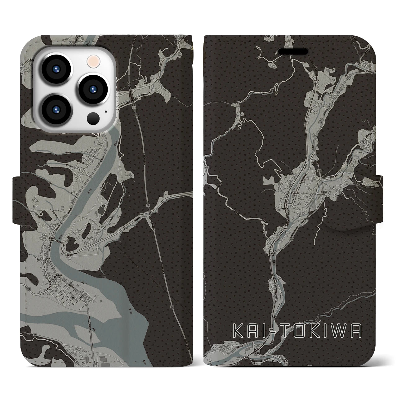 【甲斐常葉(山梨県)】地図柄iPhoneケース(手帳タイプ)モノトーン・iPhone 13 Pro 用