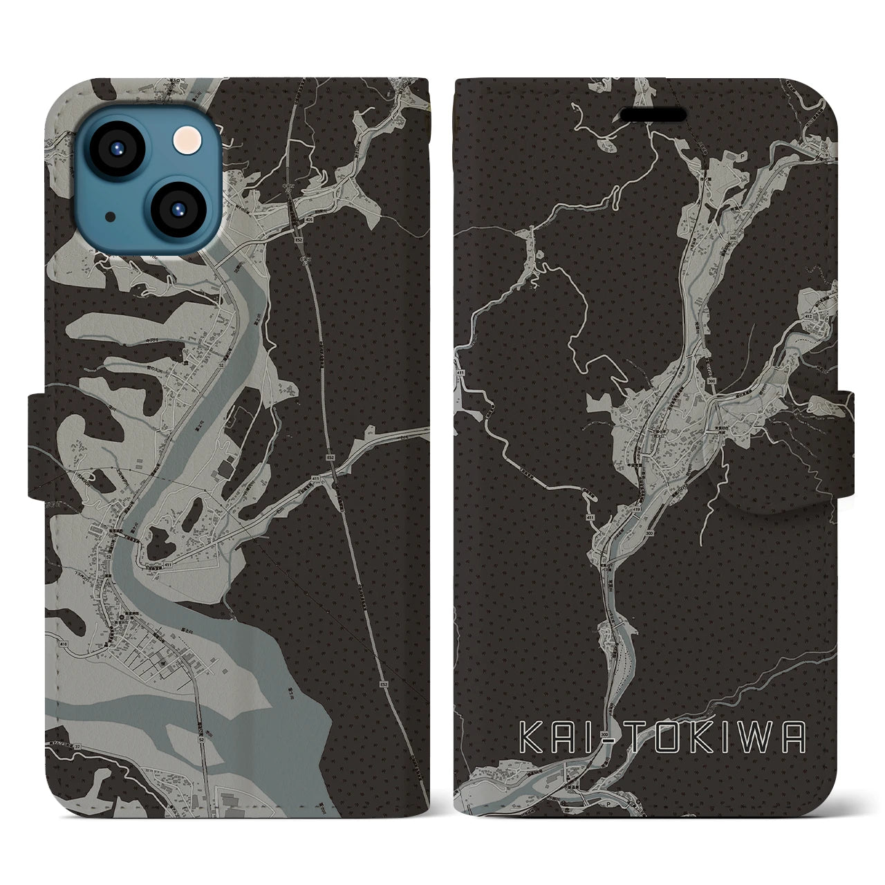 【甲斐常葉(山梨県)】地図柄iPhoneケース(手帳タイプ)モノトーン・iPhone 13 用