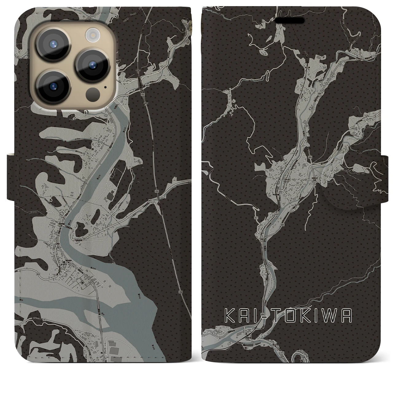 【甲斐常葉(山梨県)】地図柄iPhoneケース(手帳タイプ)モノトーン・iPhone 14 Pro Max 用