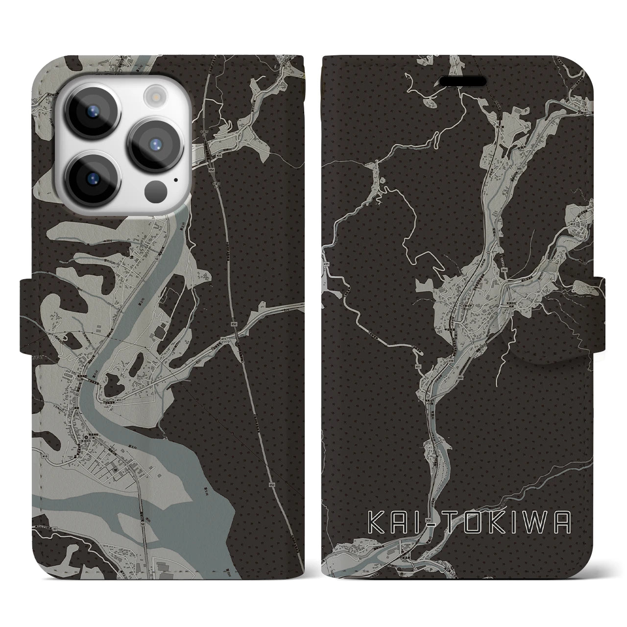 【甲斐常葉(山梨県)】地図柄iPhoneケース(手帳タイプ)モノトーン・iPhone 14 Pro 用