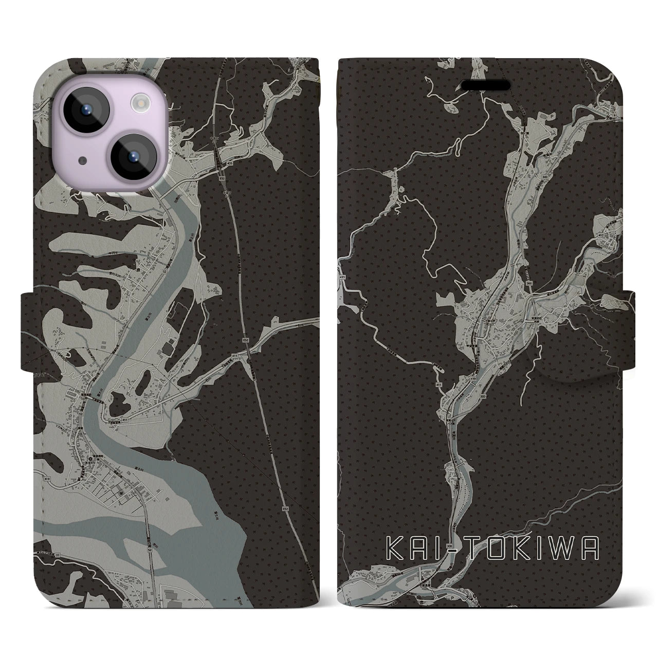 【甲斐常葉(山梨県)】地図柄iPhoneケース(手帳タイプ)モノトーン・iPhone 14 用