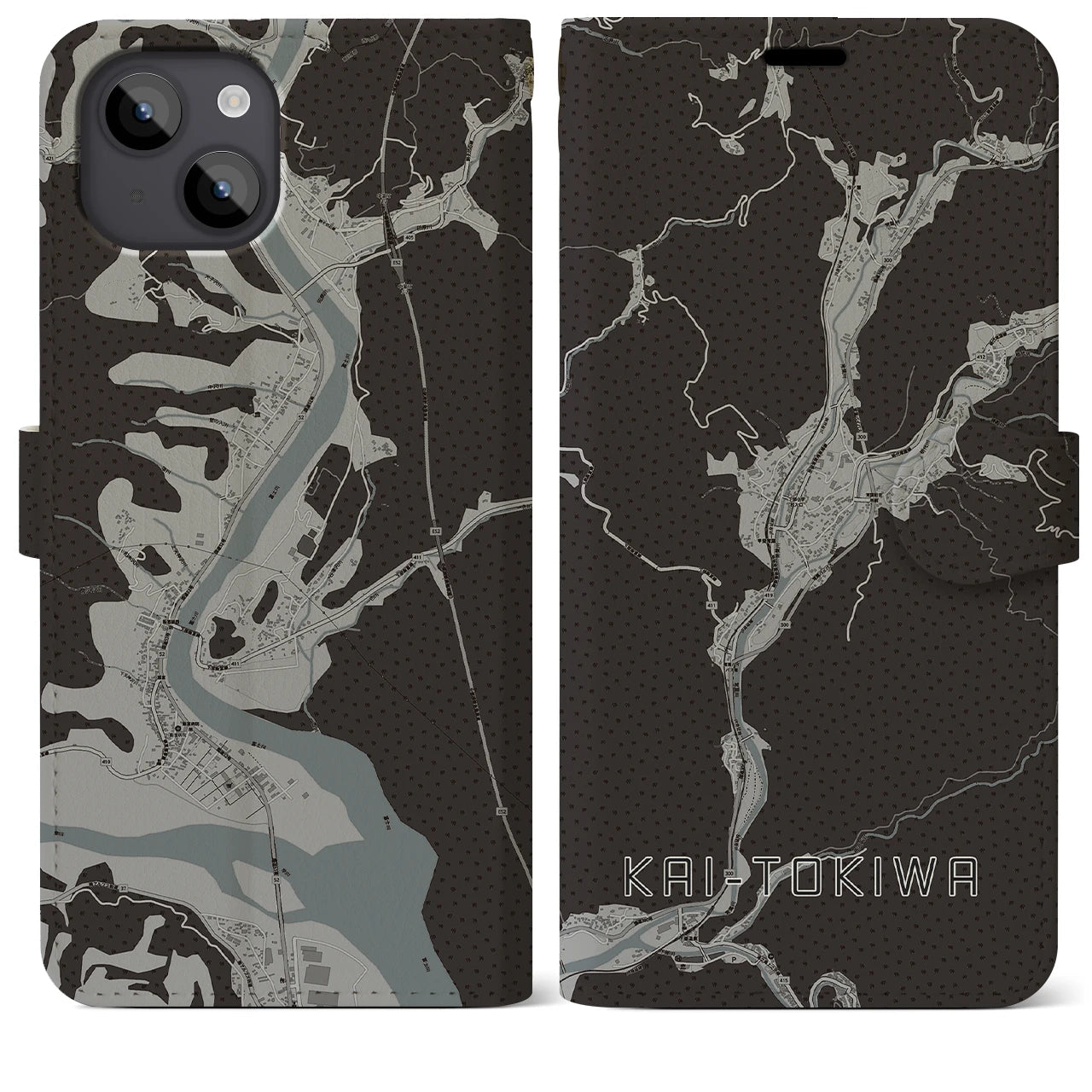 【甲斐常葉(山梨県)】地図柄iPhoneケース(手帳タイプ)モノトーン・iPhone 14 Plus 用