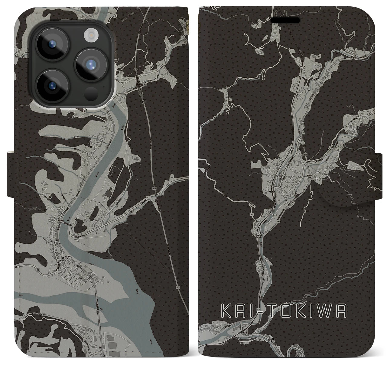 【甲斐常葉(山梨県)】地図柄iPhoneケース(手帳タイプ)モノトーン・iPhone 15 Pro Max 用