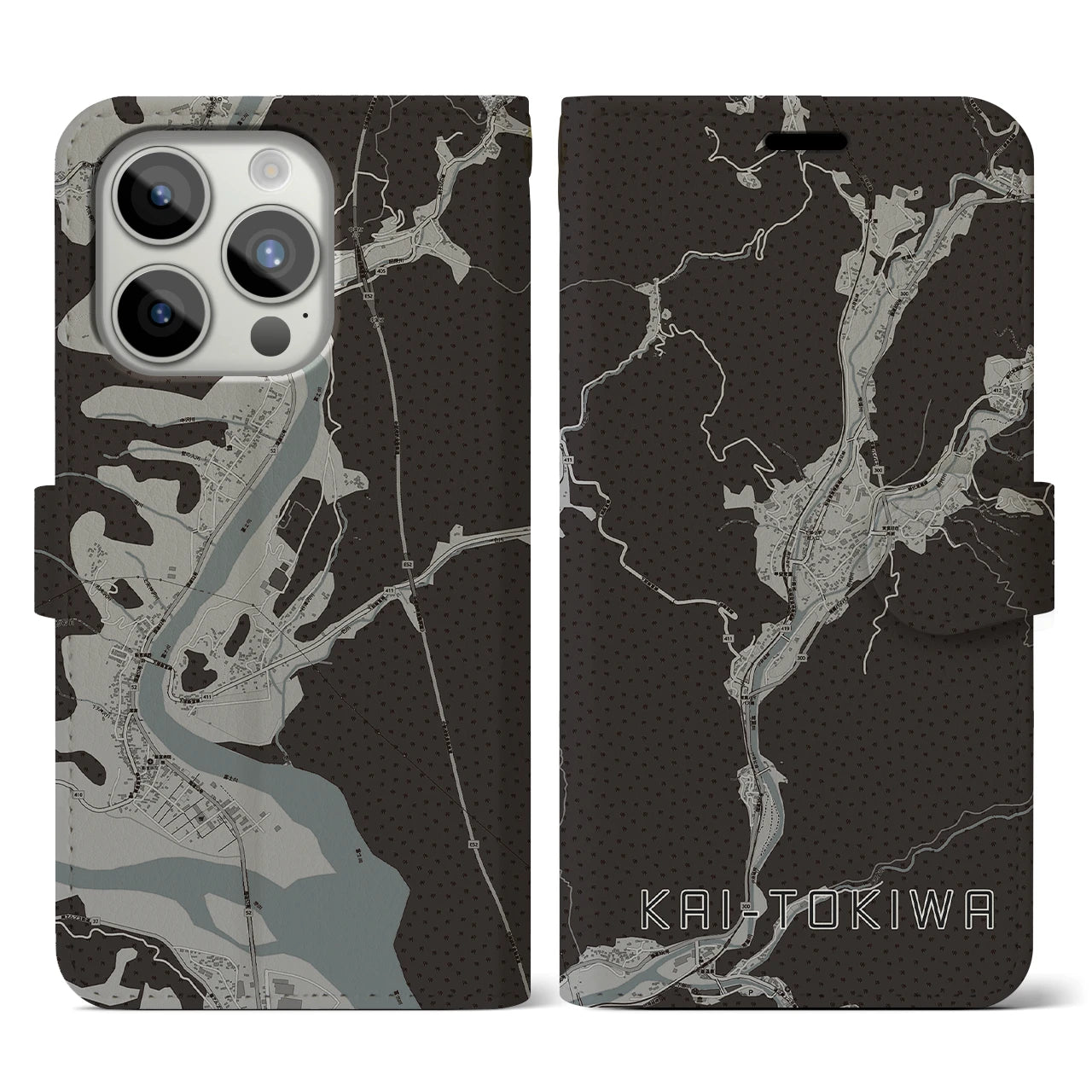 【甲斐常葉(山梨県)】地図柄iPhoneケース(手帳タイプ)モノトーン・iPhone 15 Pro 用