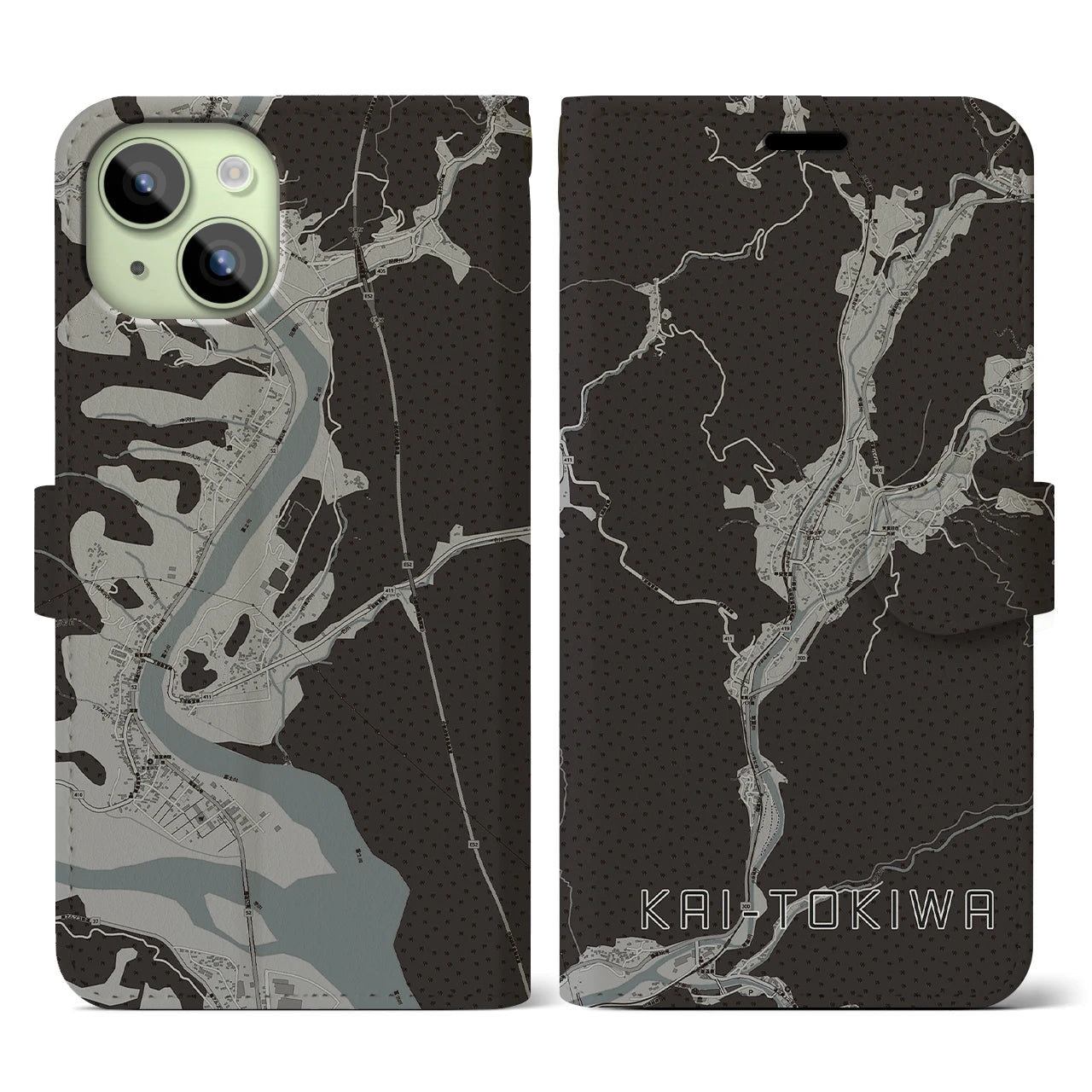 【甲斐常葉(山梨県)】地図柄iPhoneケース(手帳タイプ)モノトーン・iPhone 15 用
