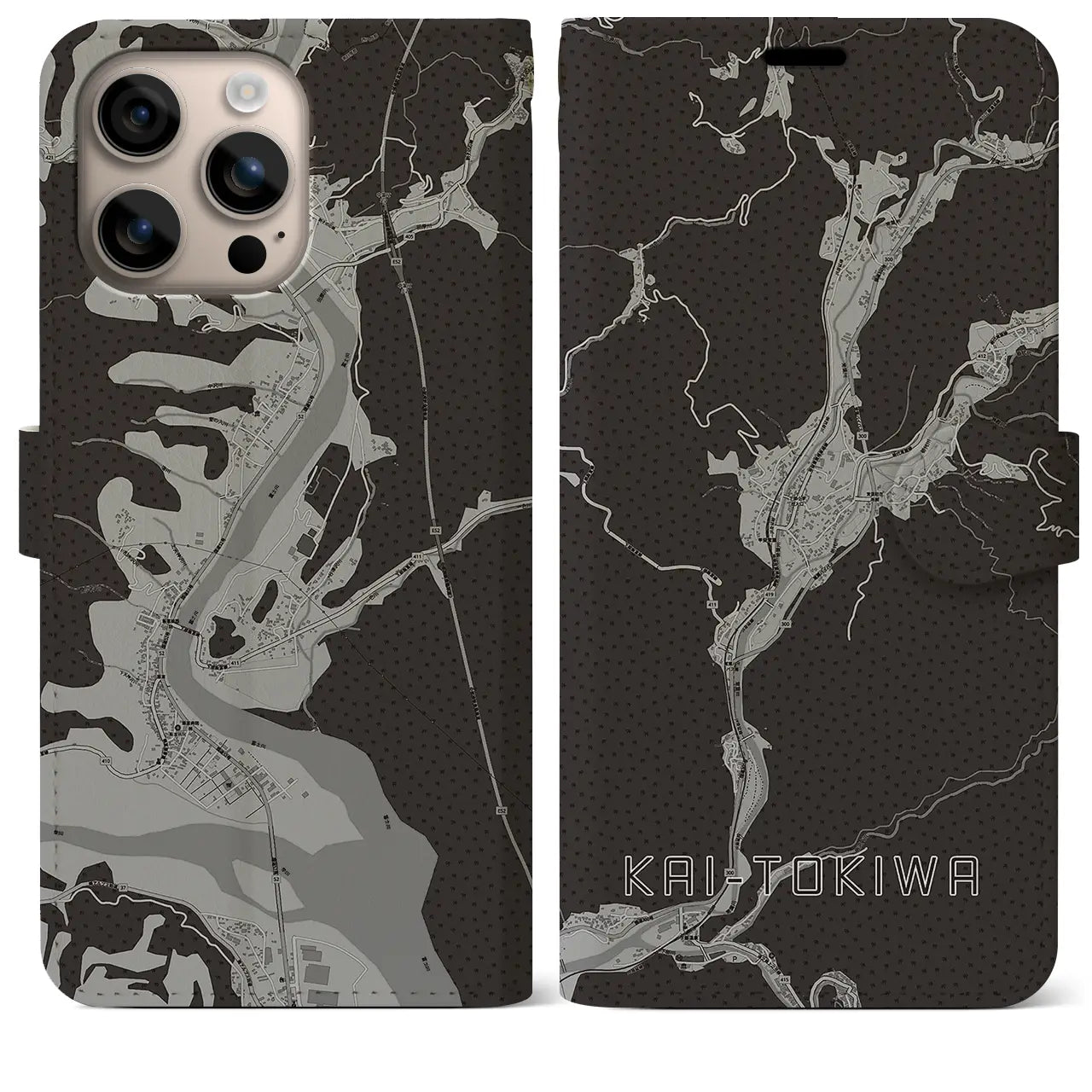 【甲斐常葉(山梨県)】地図柄iPhoneケース(手帳タイプ)モノトーン・iPhone 16 Plus 用