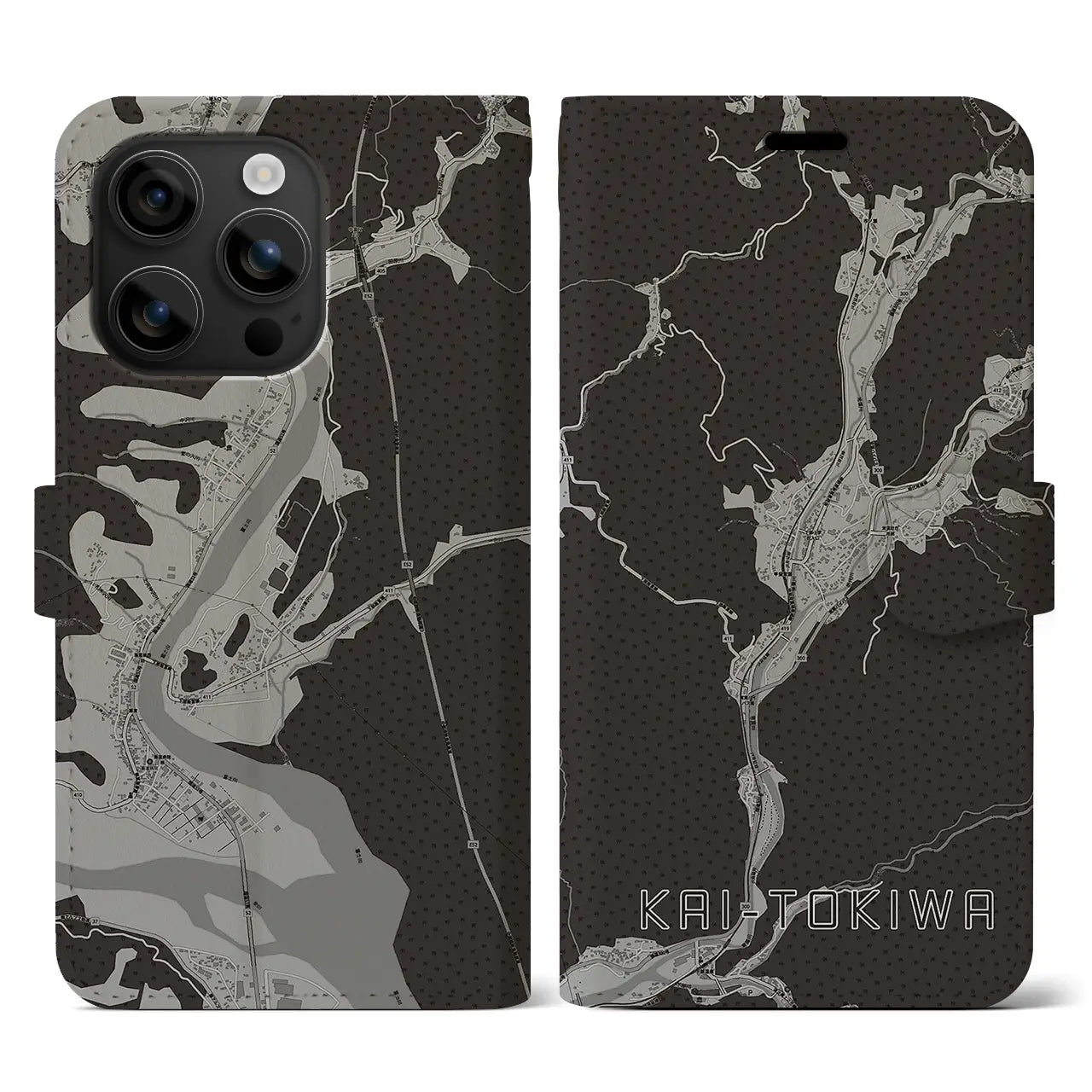 【甲斐常葉(山梨県)】地図柄iPhoneケース(手帳タイプ)モノトーン・iPhone 16 用