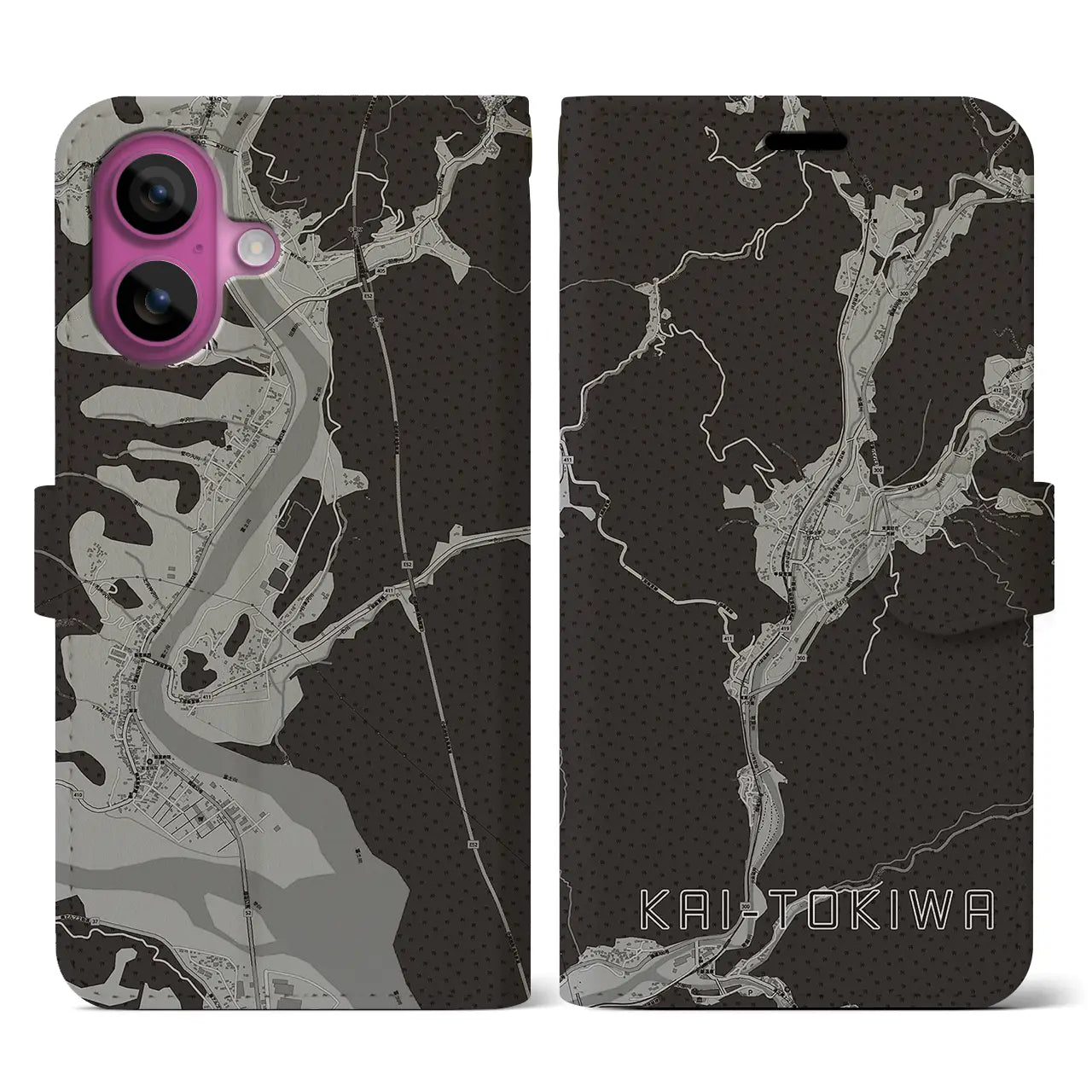 【甲斐常葉(山梨県)】地図柄iPhoneケース(手帳タイプ)モノトーン・iPhone 16 Pro 用