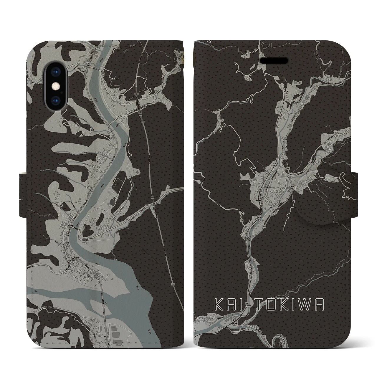 【甲斐常葉(山梨県)】地図柄iPhoneケース(手帳タイプ)モノトーン・iPhone XS / X 用