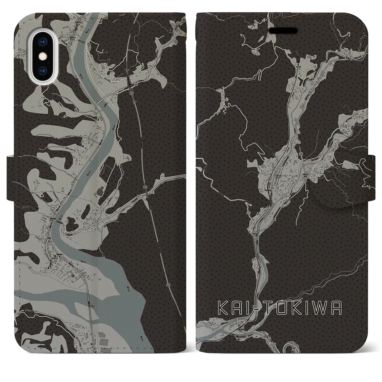 【甲斐常葉(山梨県)】地図柄iPhoneケース(手帳タイプ)モノトーン・iPhone XS Max 用