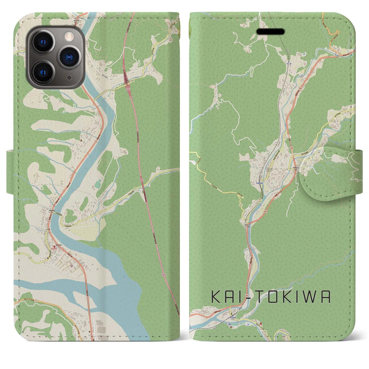 【甲斐常葉(山梨県)】地図柄iPhoneケース(手帳タイプ)ナチュラル・iPhone 11 Pro Max 用