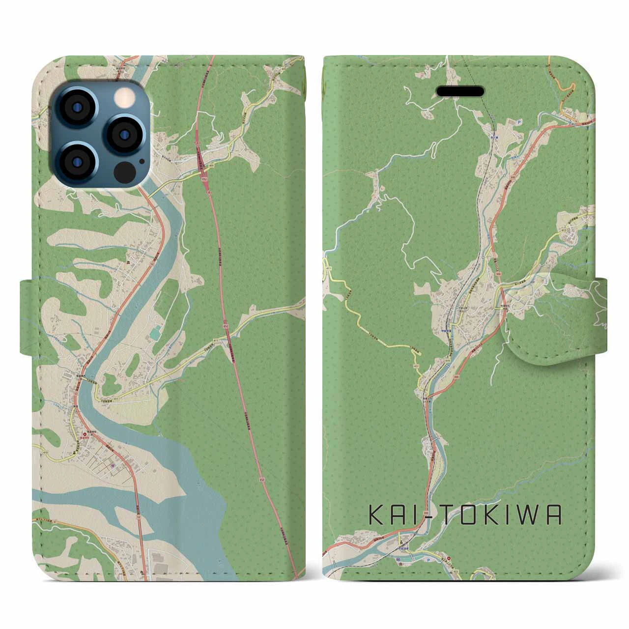 【甲斐常葉(山梨県)】地図柄iPhoneケース(手帳タイプ)ナチュラル・iPhone 12 / 12 Pro 用