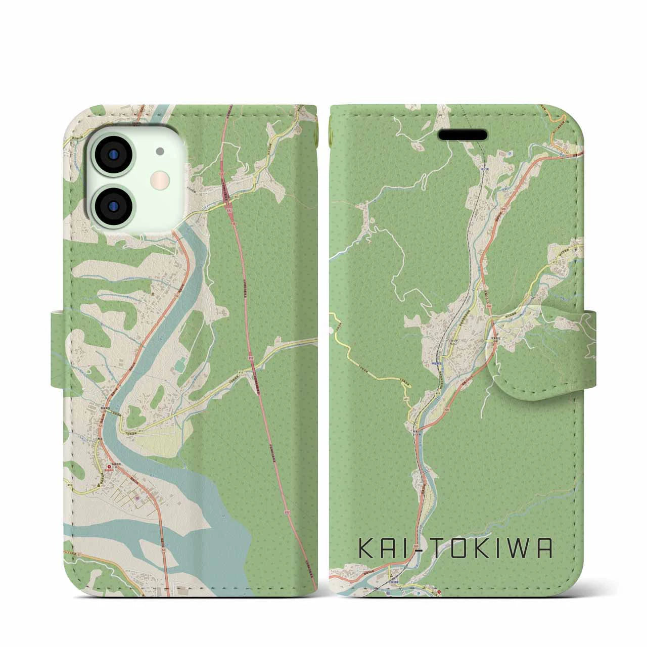 【甲斐常葉(山梨県)】地図柄iPhoneケース(手帳タイプ)ナチュラル・iPhone 12 mini 用