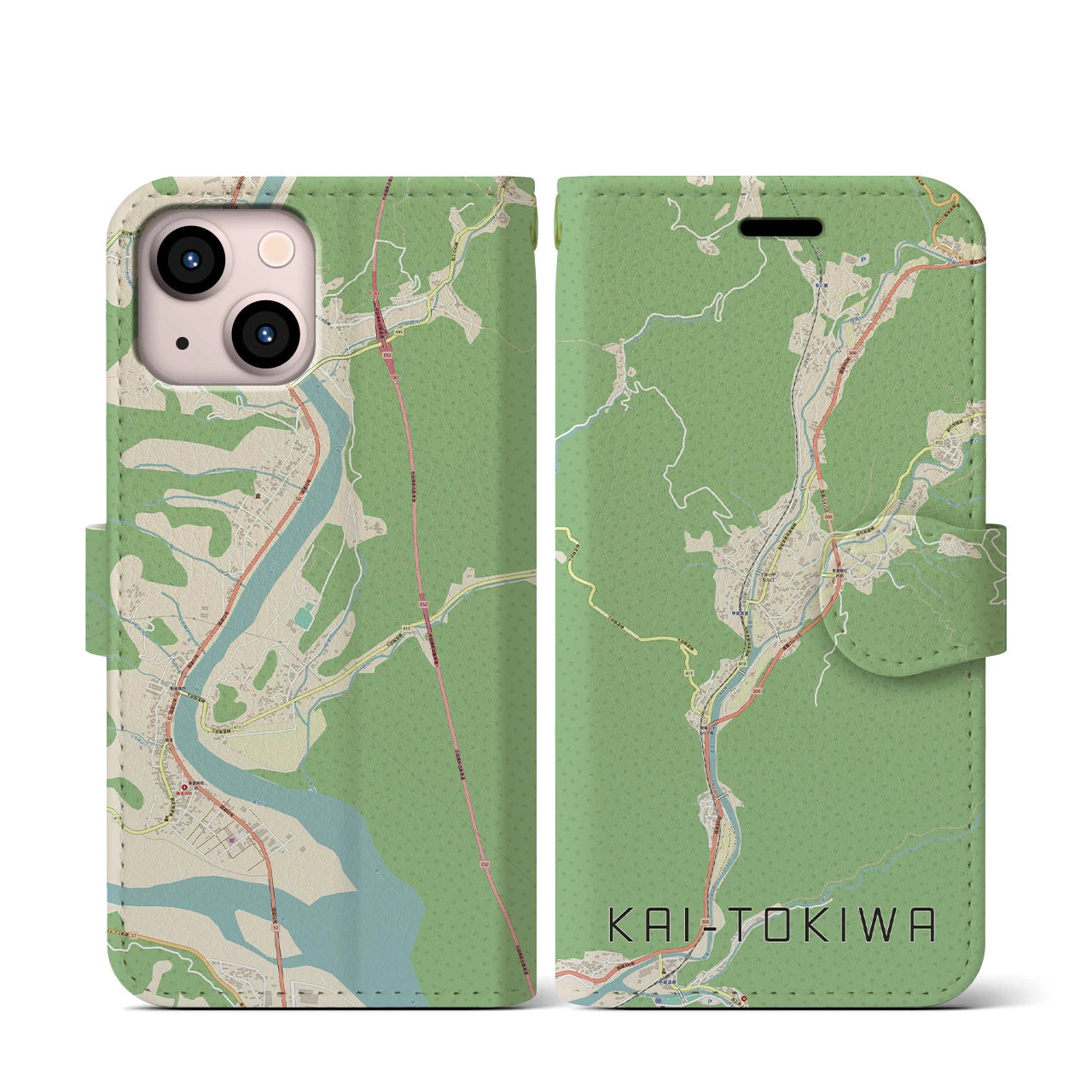 【甲斐常葉(山梨県)】地図柄iPhoneケース(手帳タイプ)ナチュラル・iPhone 13 mini 用